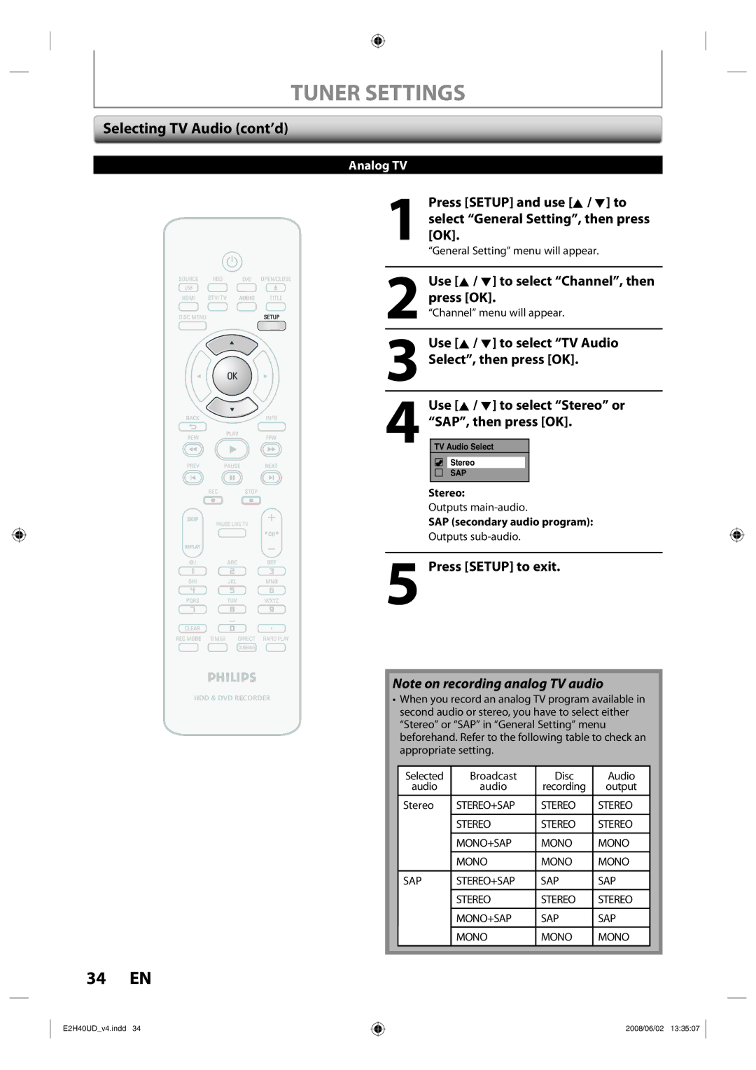 Philips DVDR3575H/37 manual 34 EN, Selecting TV Audio cont’d, Use K / L to select TV Audio Select, then press OK, Stereo 