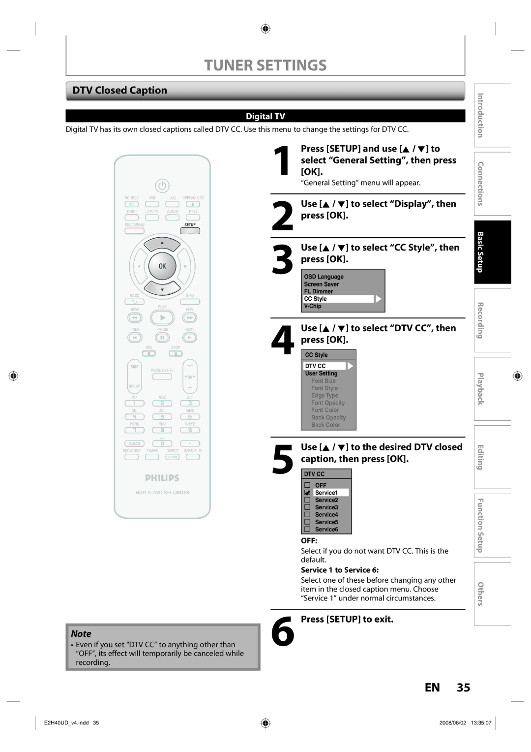 Philips DVDR3575H/37 manual Editing Function Setup Others 