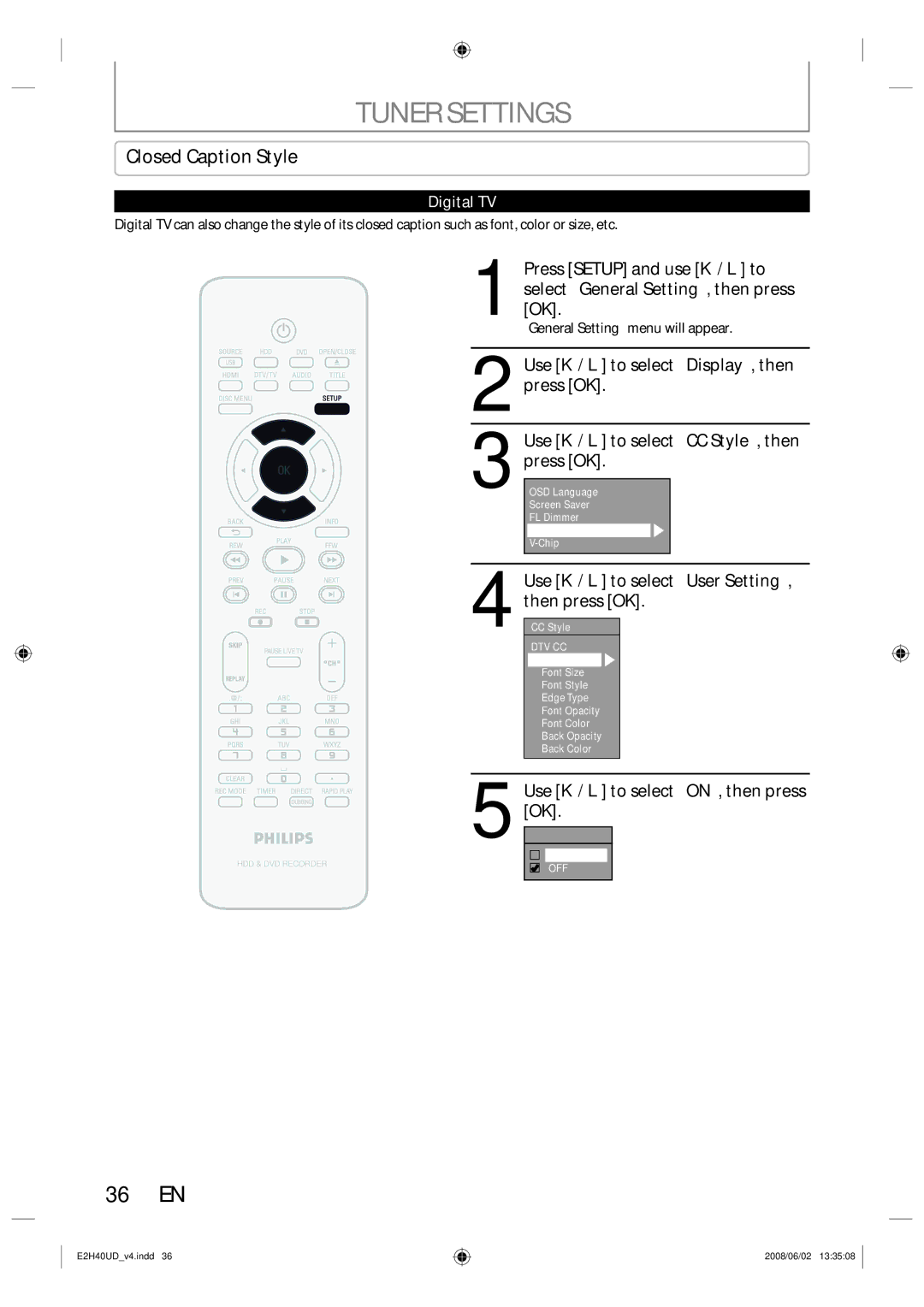 Philips DVDR3575H/37 manual 36 EN, Closed Caption Style, Use K / L to select User Setting, then press OK 