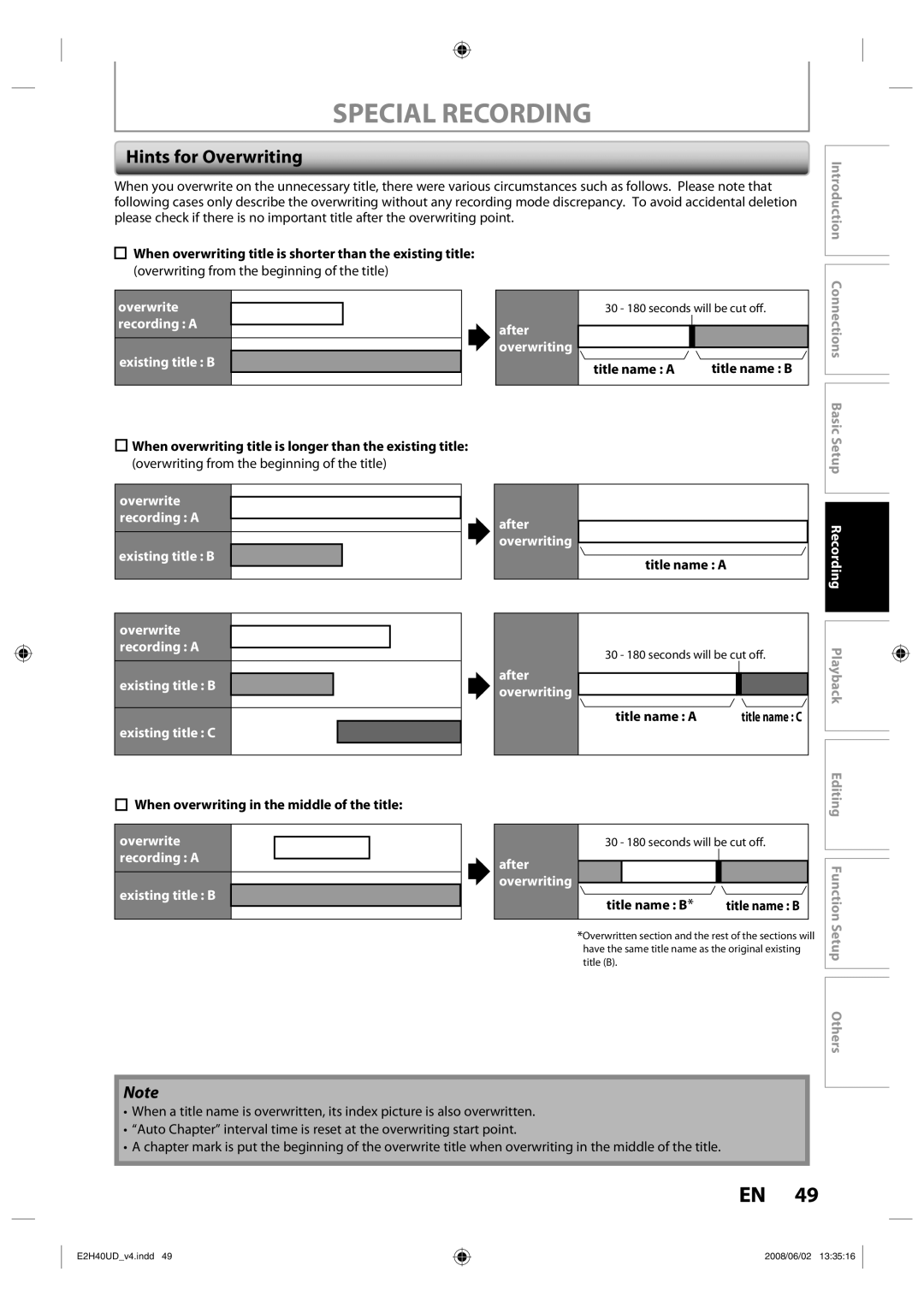 Philips DVDR3575H/37 manual Hints for Overwriting, Overwrite recording a Existing title B After overwriting 