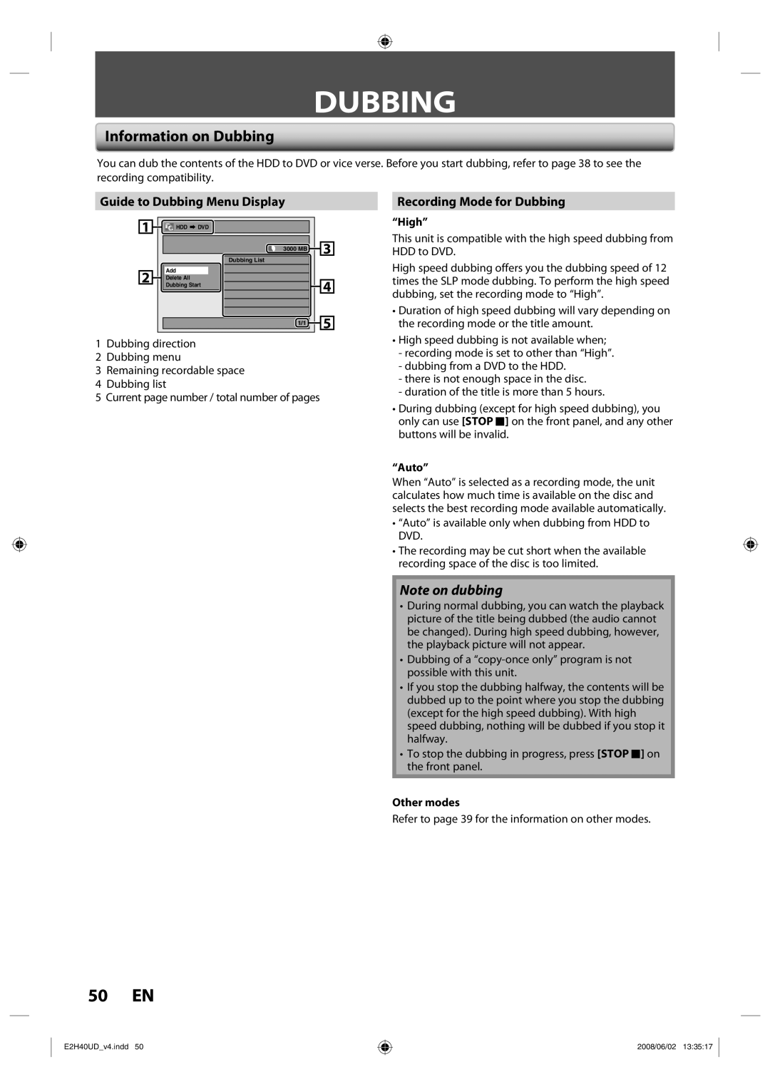 Philips DVDR3575H/37 manual 50 EN, Information on Dubbing, Guide to Dubbing Menu Display, Recording Mode for Dubbing 