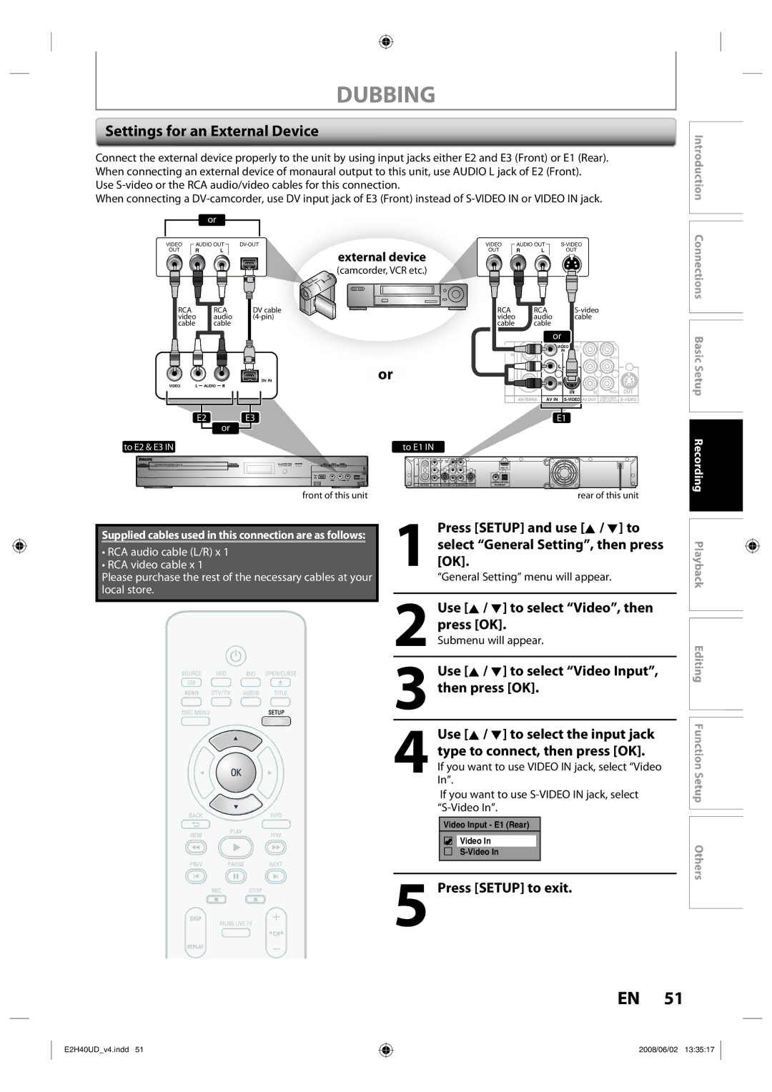 Philips DVDR3575H/37 manual Dubbing, Settings for an External Device 