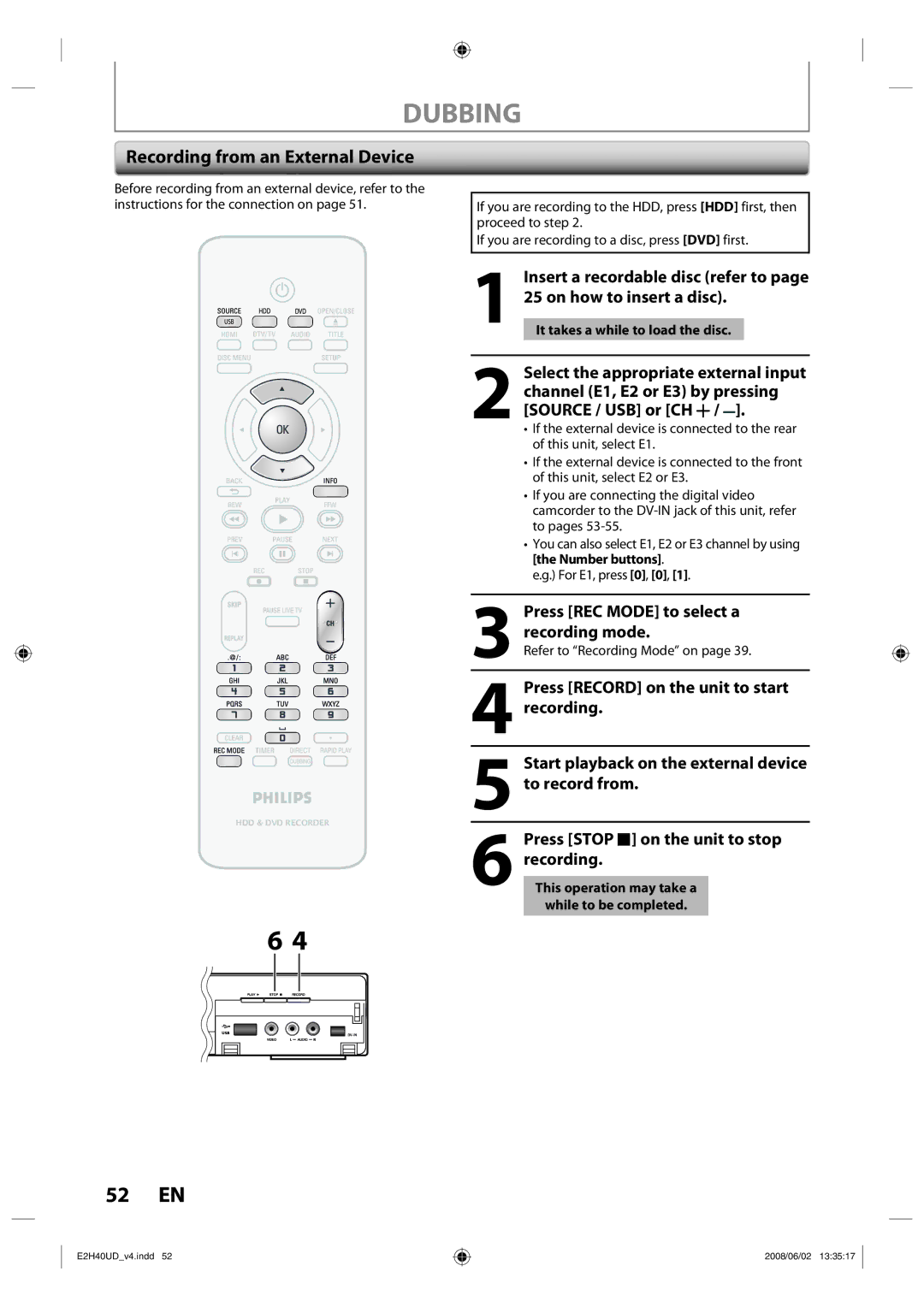 Philips DVDR3575H/37 manual 52 EN, Recording from an External Device 