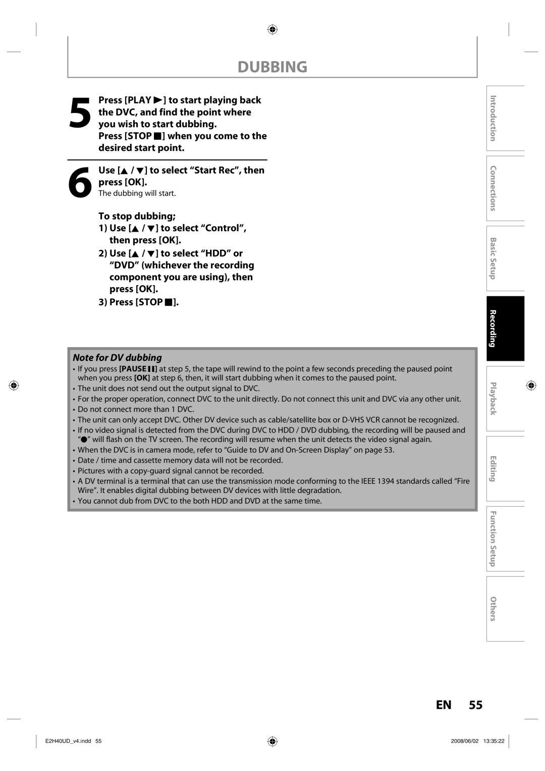 Philips DVDR3575H/37 manual Editing Function Setup Others 