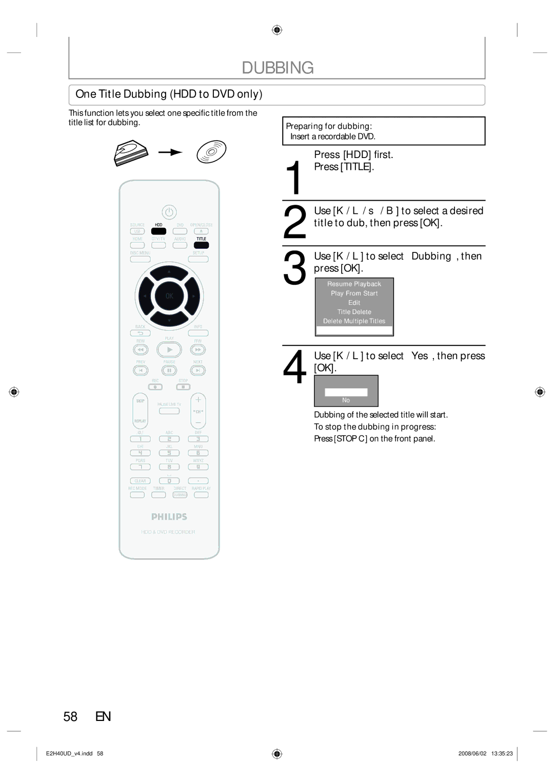 Philips DVDR3575H/37 manual 58 EN, One Title Dubbing HDD to DVD only 