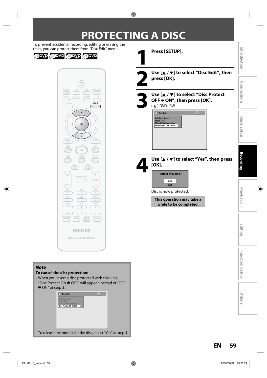 Philips DVDR3575H/37 manual Protecting a Disc, Use K / L to select Yes, then press OK, To cancel the disc protection 