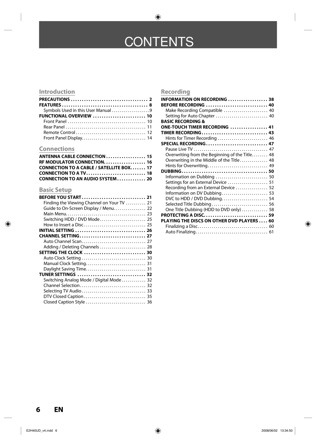 Philips DVDR3575H/37 manual Contents 