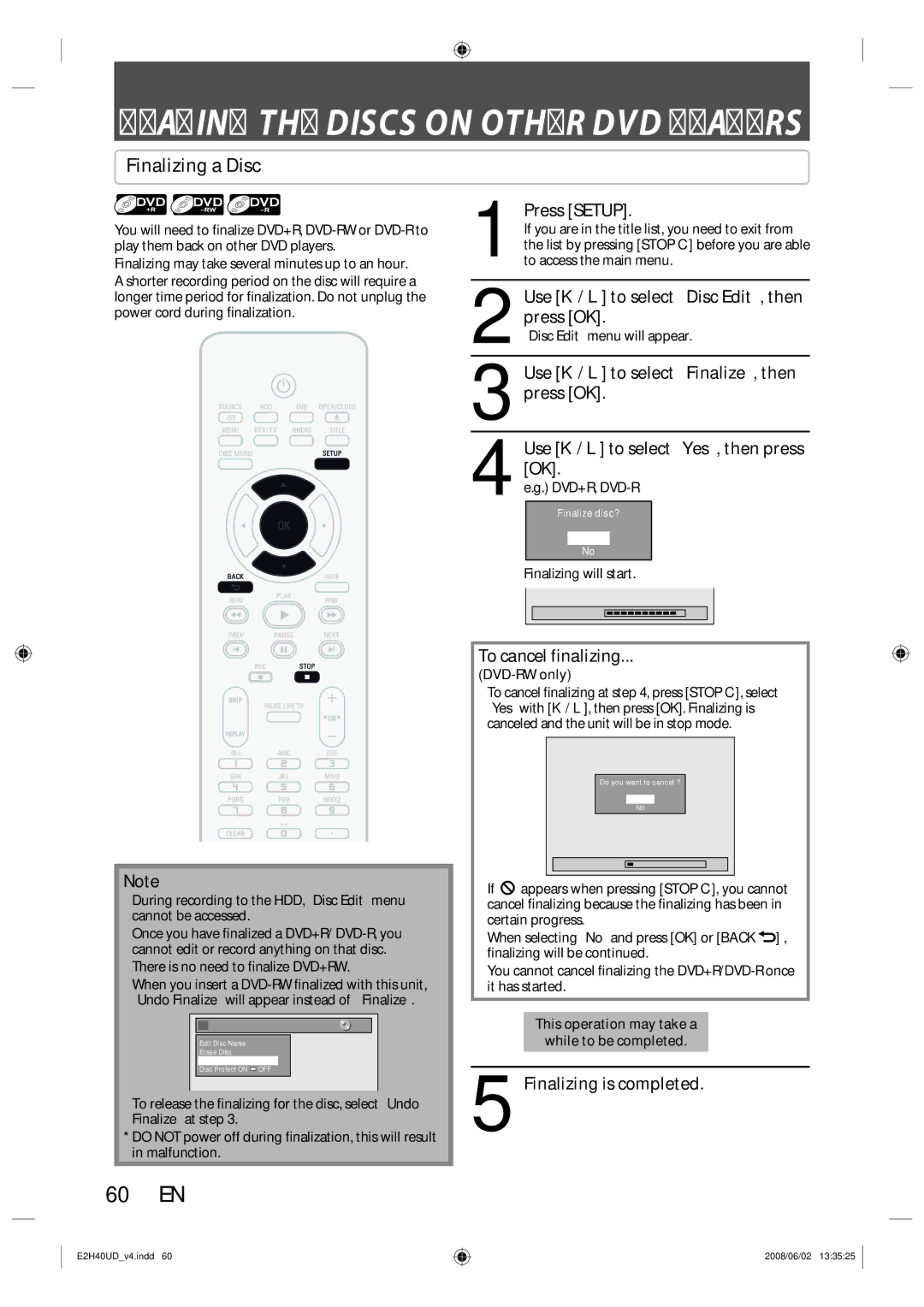 Philips DVDR3575H/37 manual 60 EN, Finalizing a Disc, Finalizing is completed, DVD-RW only 