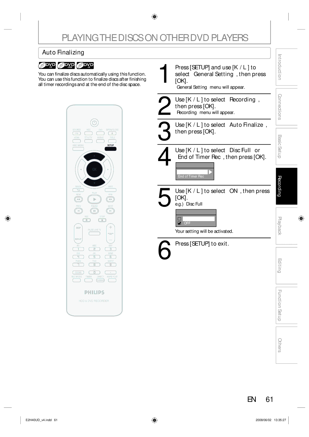 Philips DVDR3575H/37 manual Playing the Discs on Other DVD Players, Auto Finalizing 