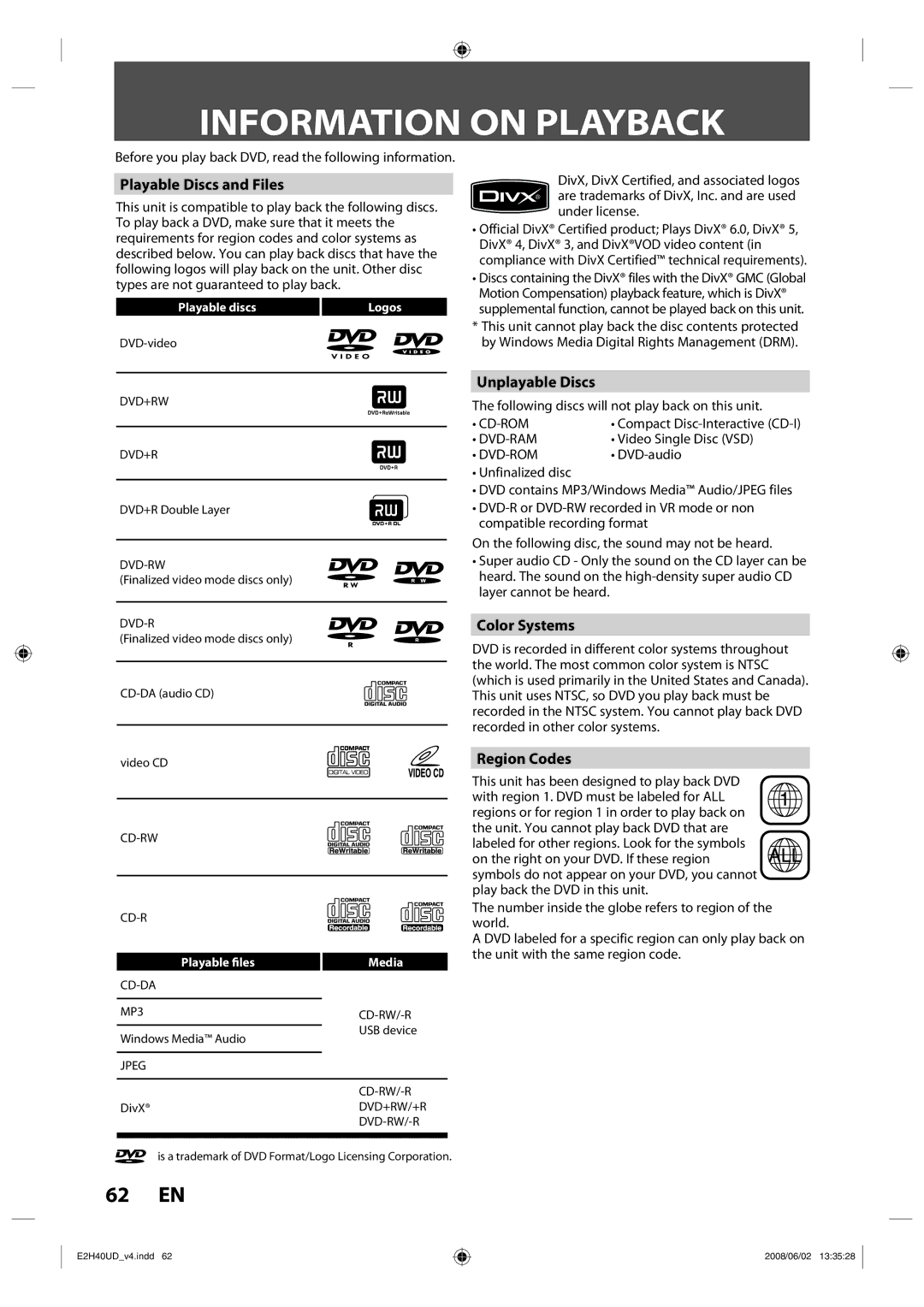 Philips DVDR3575H/37 manual Information on Playback, 62 EN 