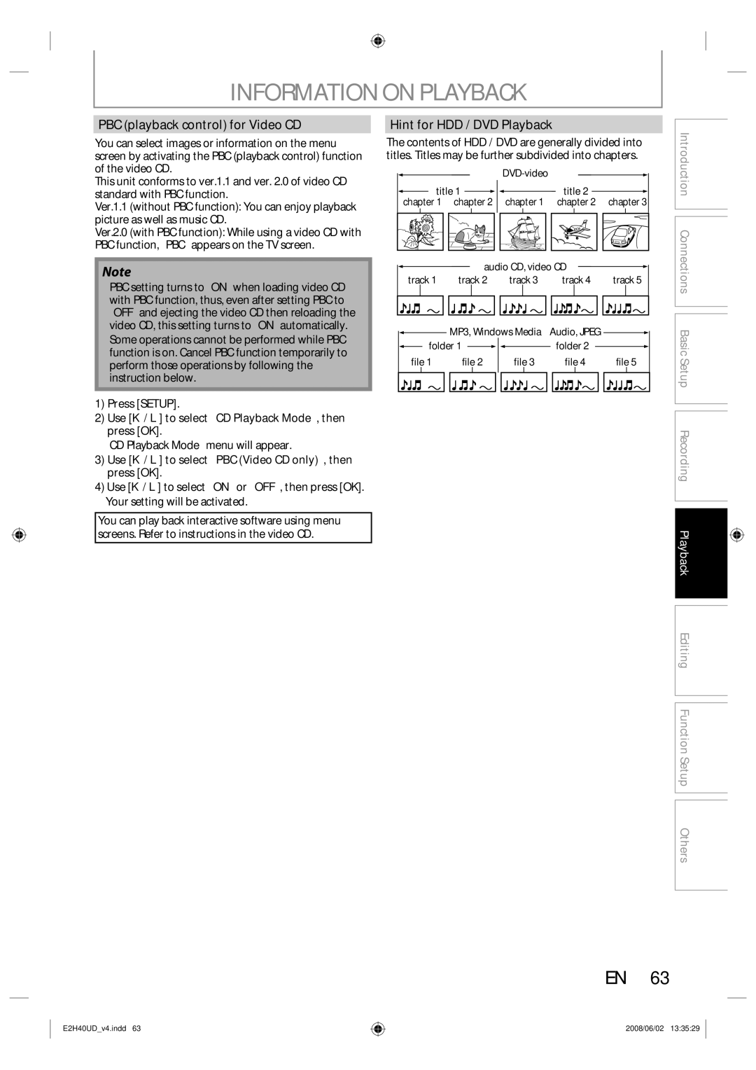 Philips DVDR3575H/37 manual Information on Playback, PBC playback control for Video CD, Hint for HDD / DVD Playback 