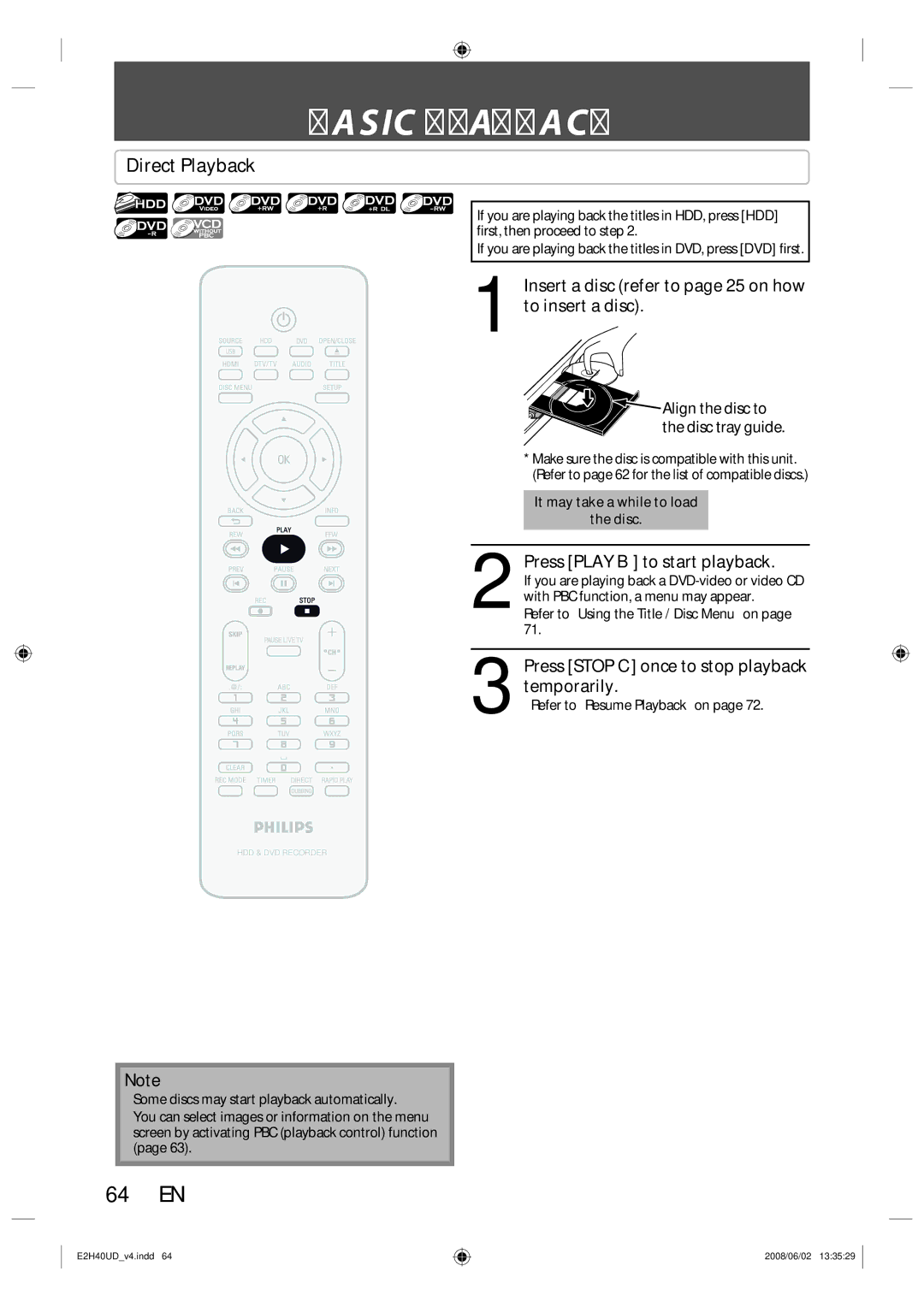 Philips DVDR3575H/37 manual Basic Playback, 64 EN, Direct Playback 