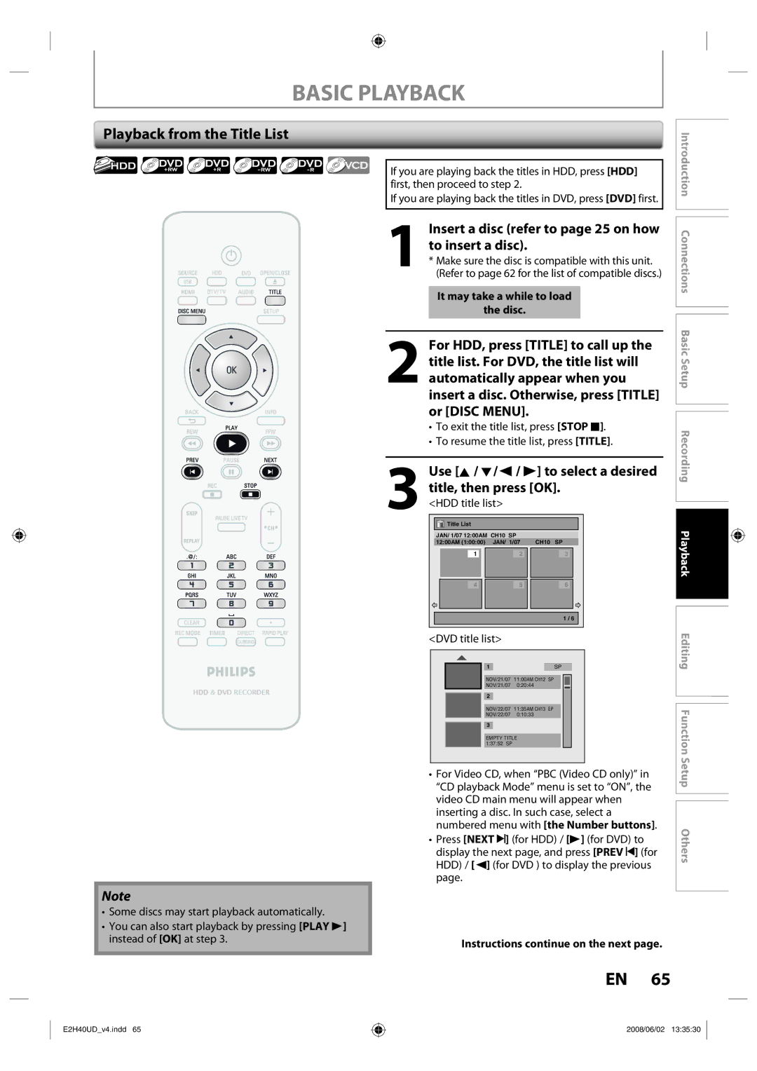 Philips DVDR3575H/37 manual Basic Playback, Playback from the Title List 