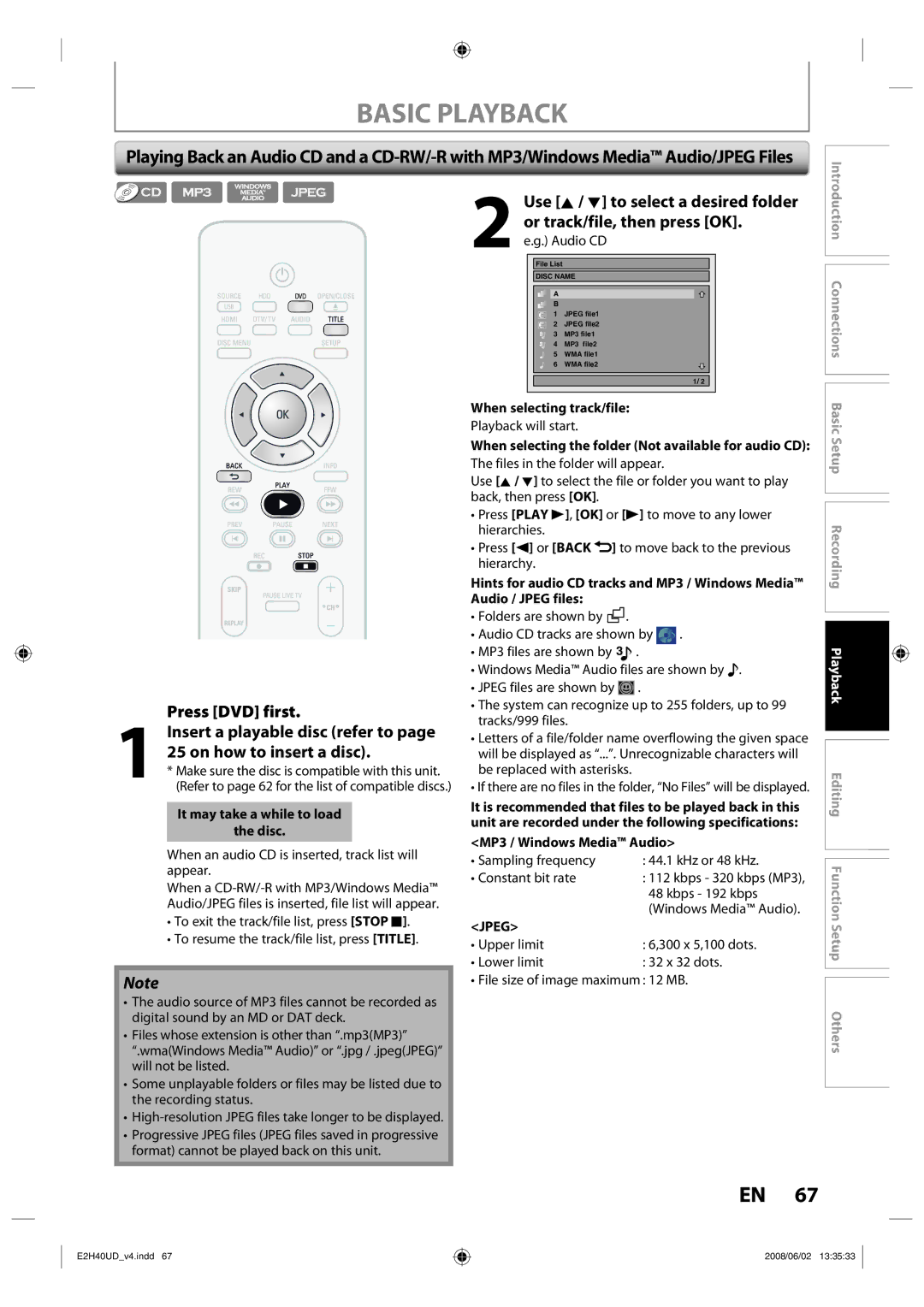 Philips DVDR3575H/37 manual When selecting track/file, When selecting the folder Not available for audio CD 