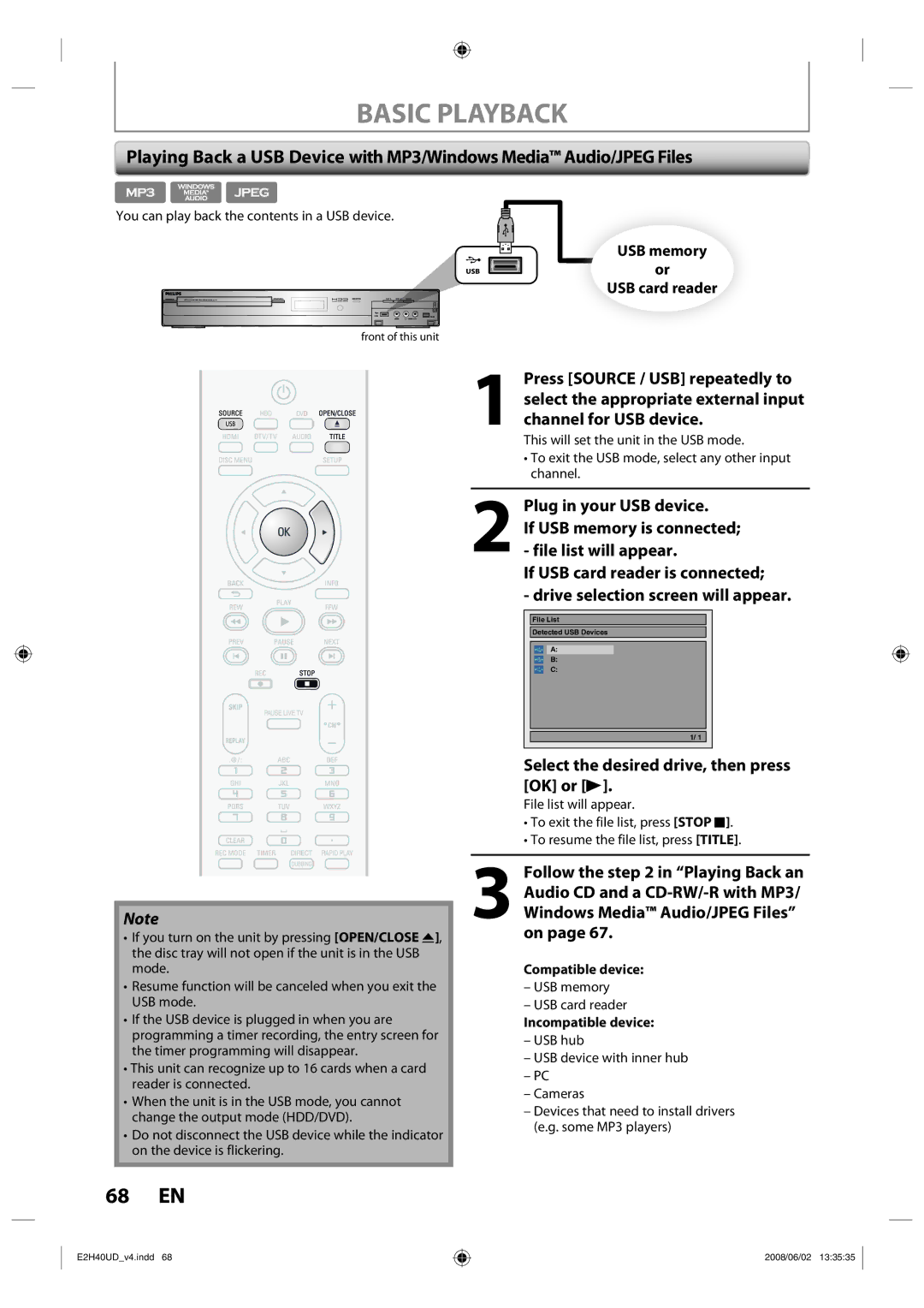 Philips DVDR3575H/37 manual 68 EN, Plug in your USB device, Select the desired drive, then press OK or B 