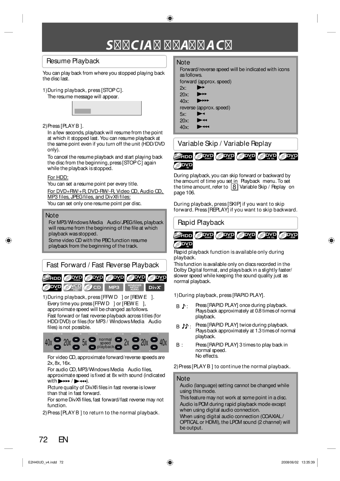 Philips DVDR3575H/37 manual Special Playback, 72 EN 