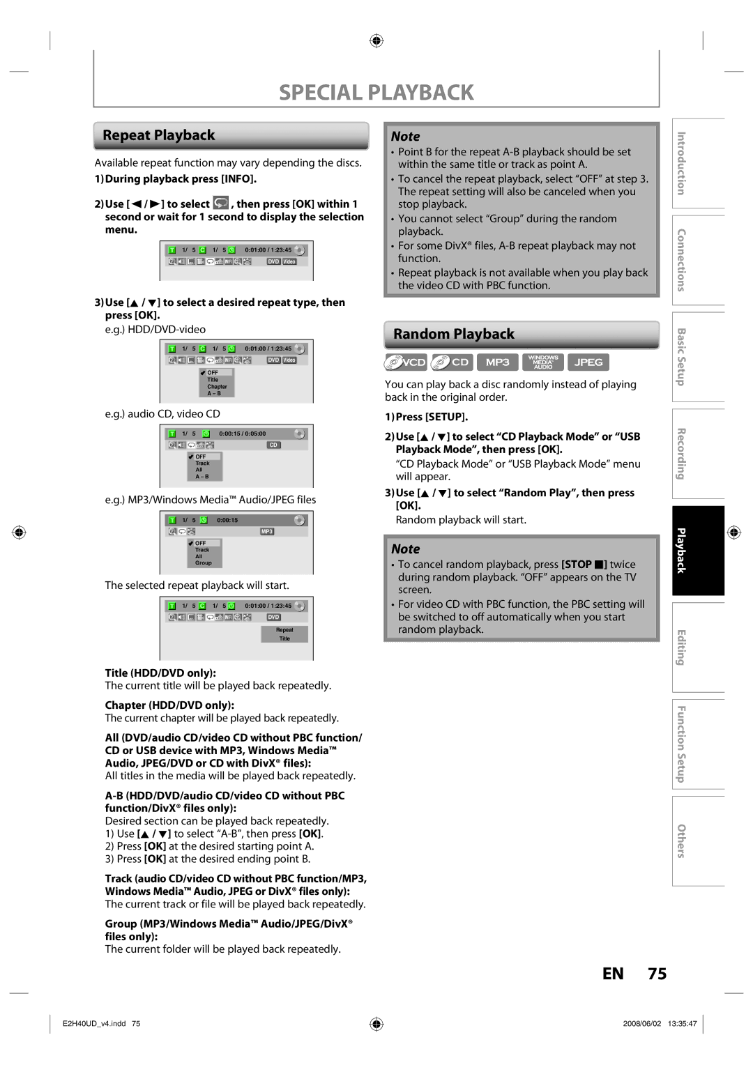 Philips DVDR3575H/37 manual Repeat Playback, Random Playback 