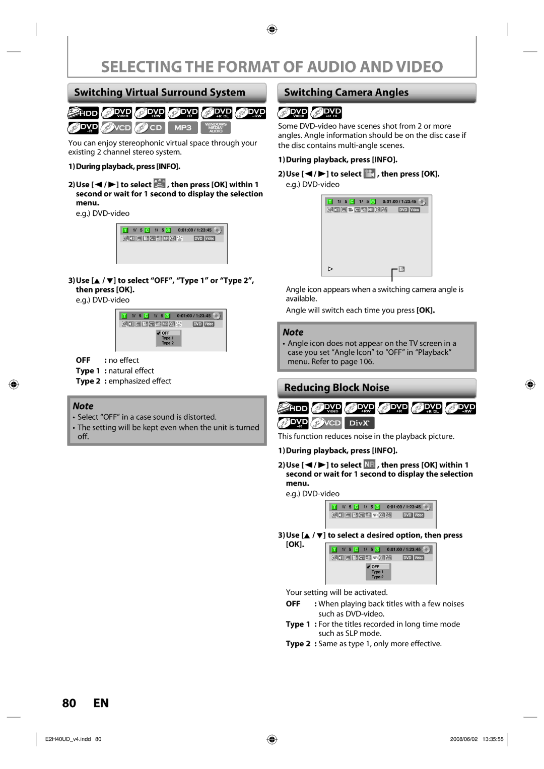 Philips DVDR3575H/37 manual Selecting the Format of Audio and Video, 80 EN, Switching Virtual Surround System 