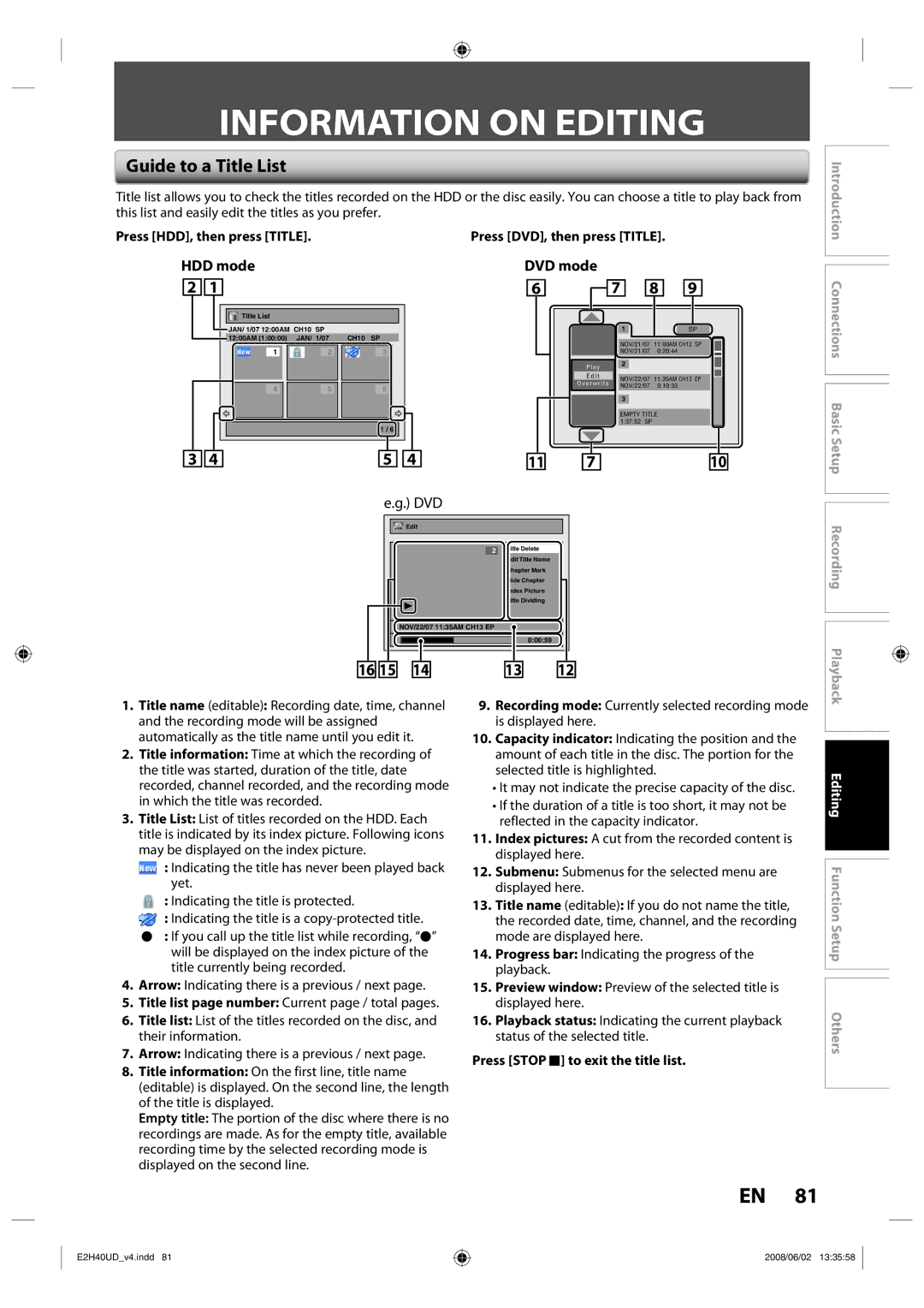 Philips DVDR3575H/37 manual Information on Editing, Guide to a Title List, HDD mode, DVD mode 