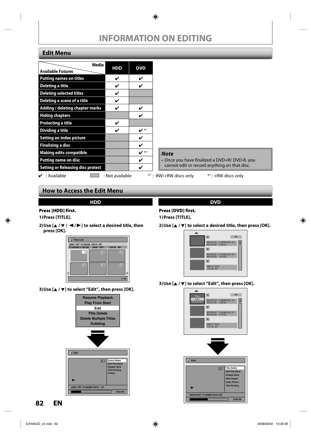 Philips DVDR3575H/37 manual Information on Editing, 82 EN, How to Access the Edit Menu 