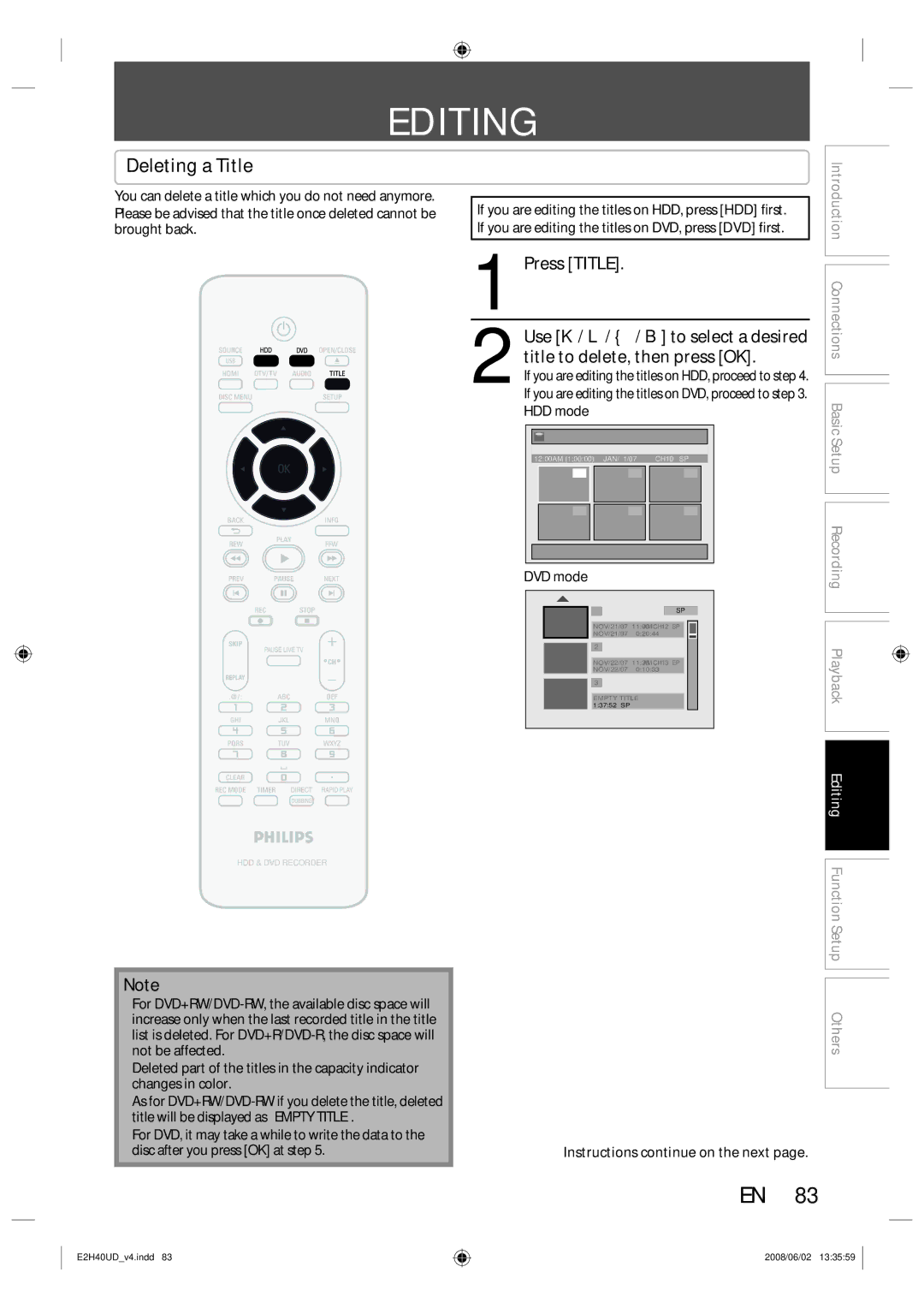 Philips DVDR3575H/37 Editing, Deleting a Title, Press Title, If you are editing the titles on DVD, proceed to . HDD mode 