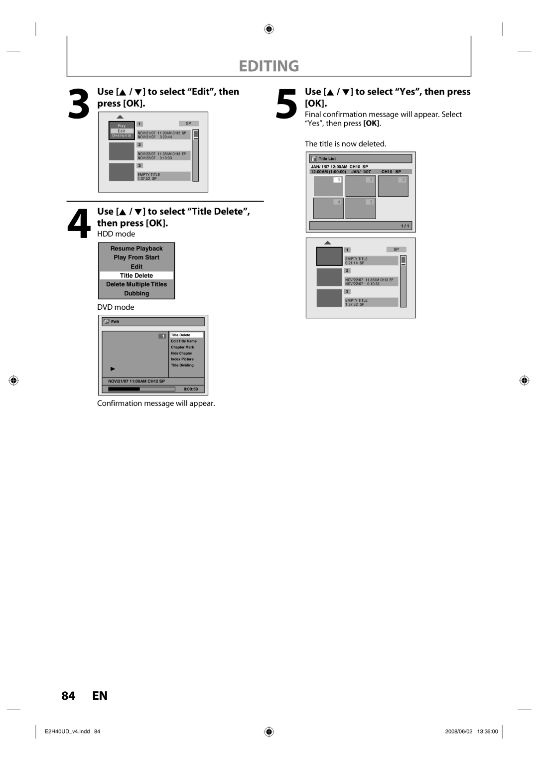 Philips DVDR3575H/37 manual Editing, 84 EN, Use K / L to select Edit, then, Title is now deleted 