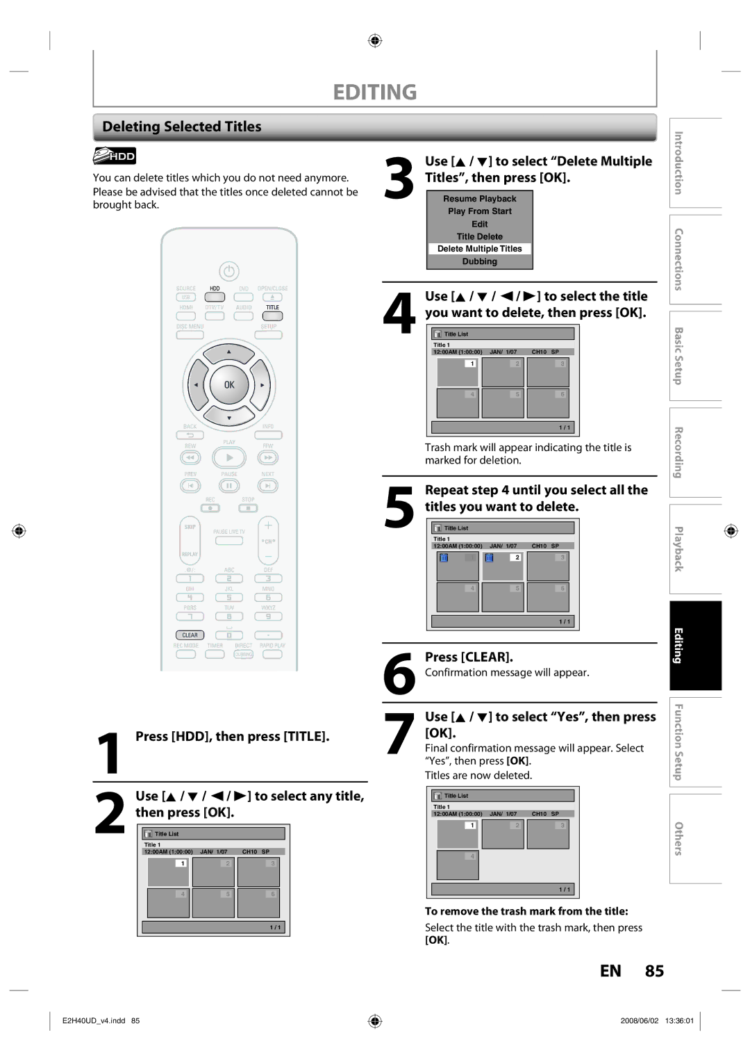 Philips DVDR3575H/37 Deleting Selected Titles, Use K / L to select Delete Multiple Titles, then press OK, Press Clear 