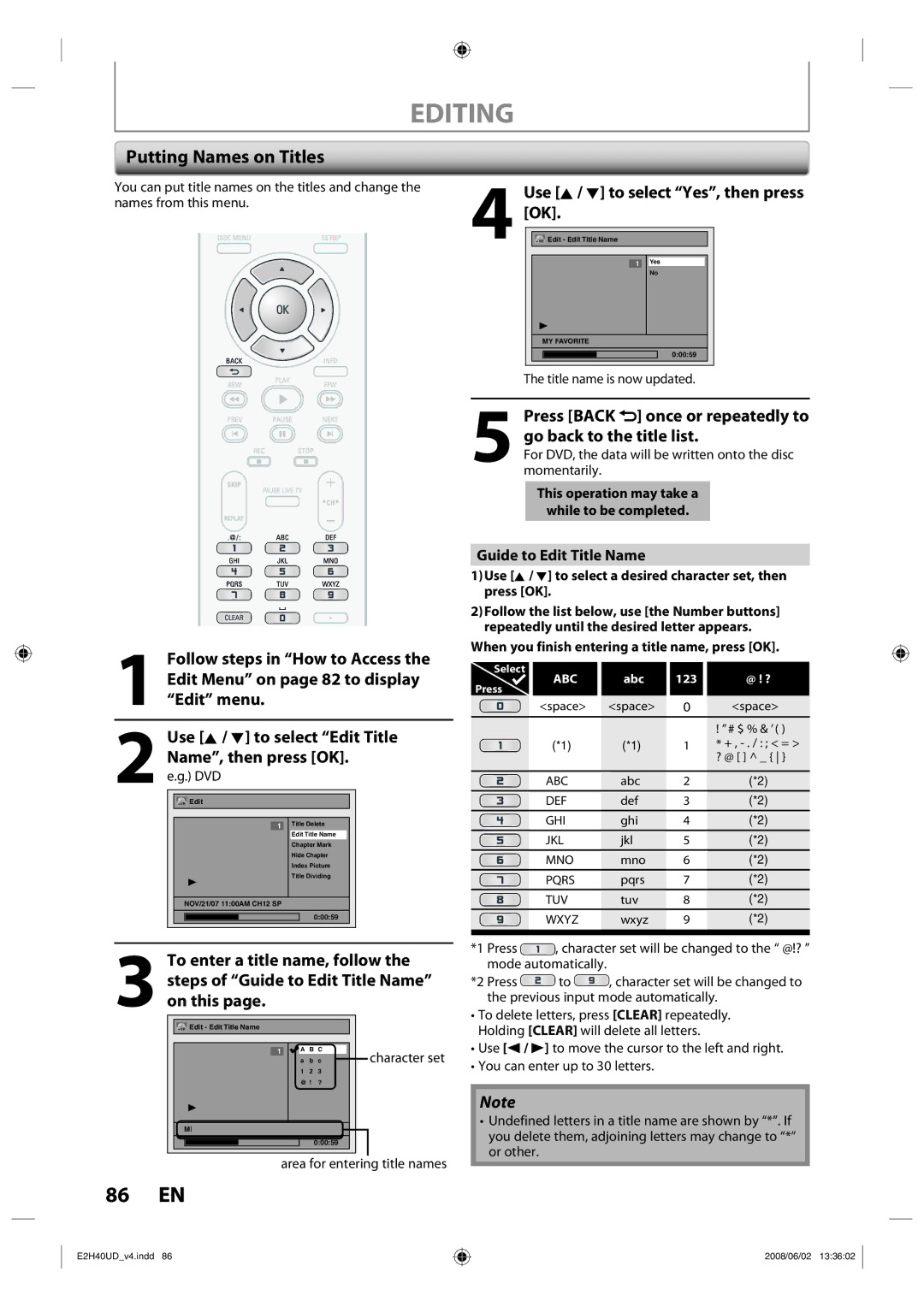 Philips DVDR3575H/37 manual 86 EN, Putting Names on Titles, Guide to Edit Title Name 