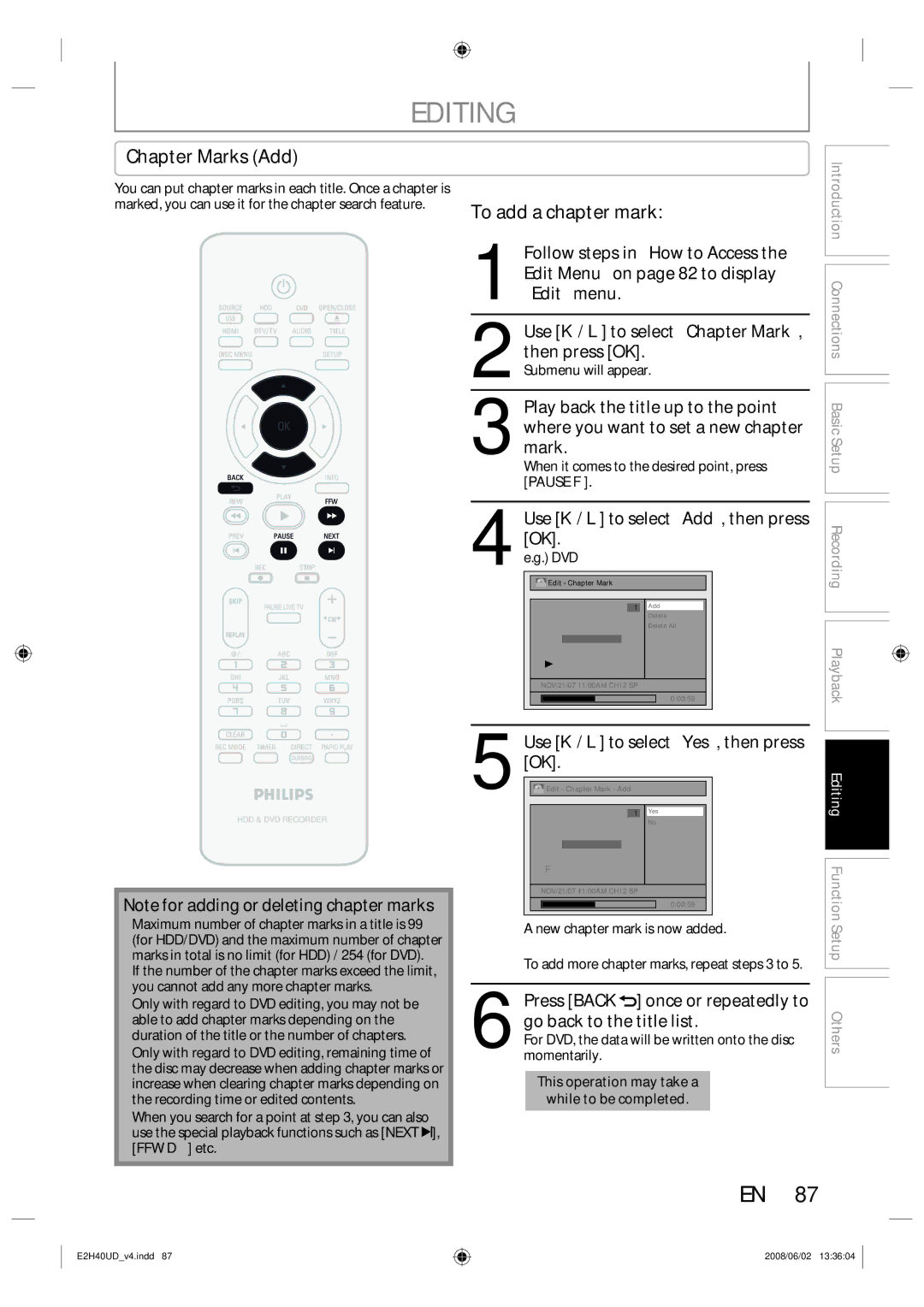 Philips DVDR3575H/37 manual Chapter Marks Add, To add a chapter mark, Use K / L to select Add, then press OK 