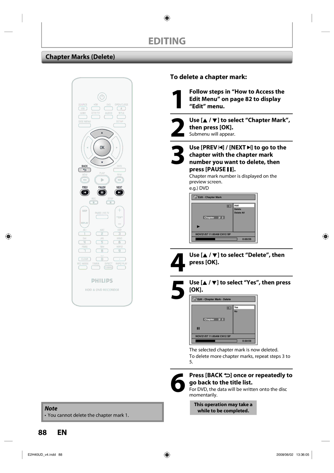 Philips DVDR3575H/37 manual 88 EN, Chapter Marks Delete To delete a chapter mark 