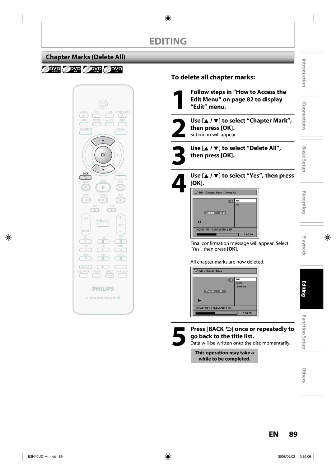 Philips DVDR3575H/37 manual Chapter Marks Delete All, To delete all chapter marks 