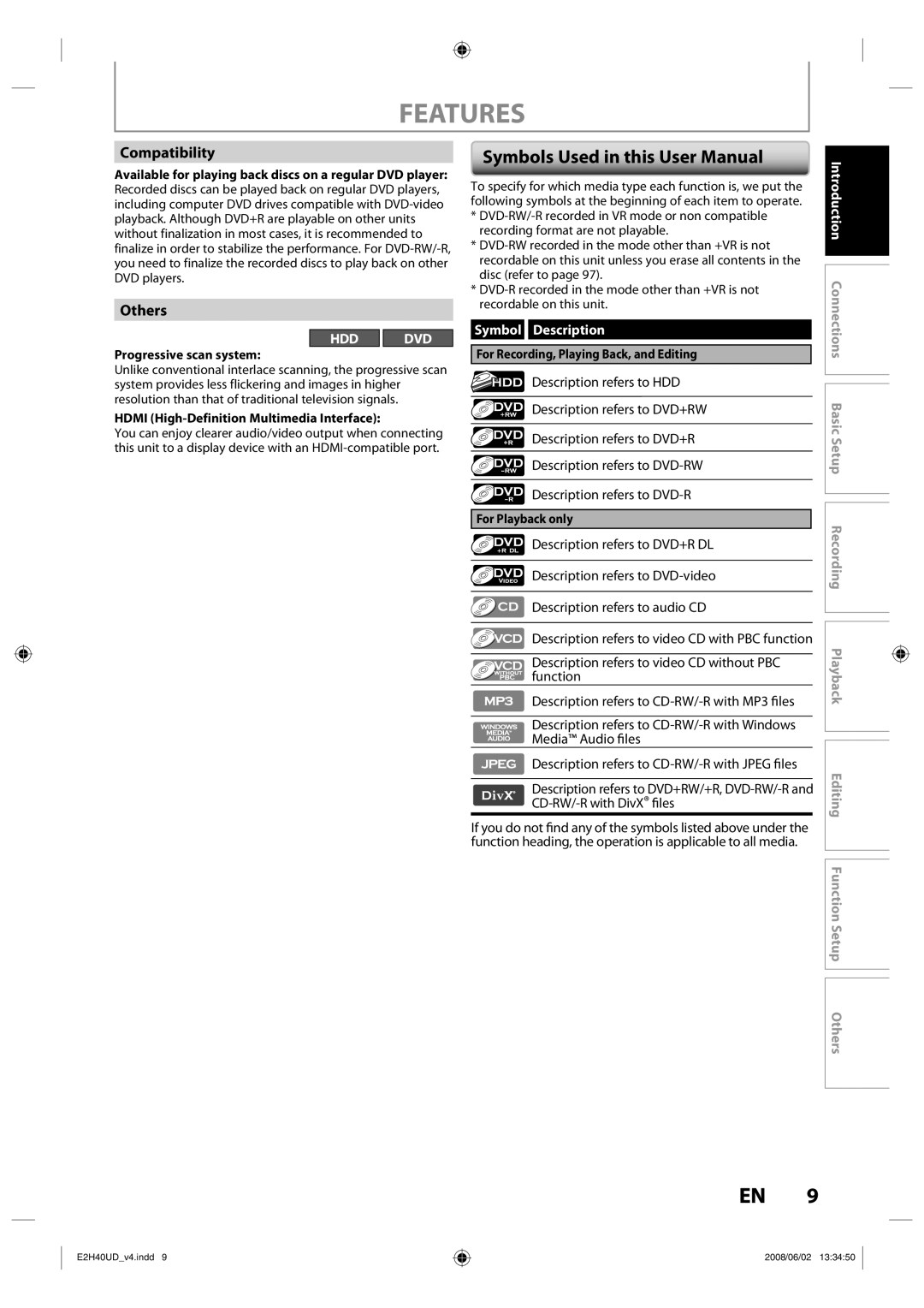 Philips DVDR3575H/37 manual Features, Compatibility, Others, Symbol Description 