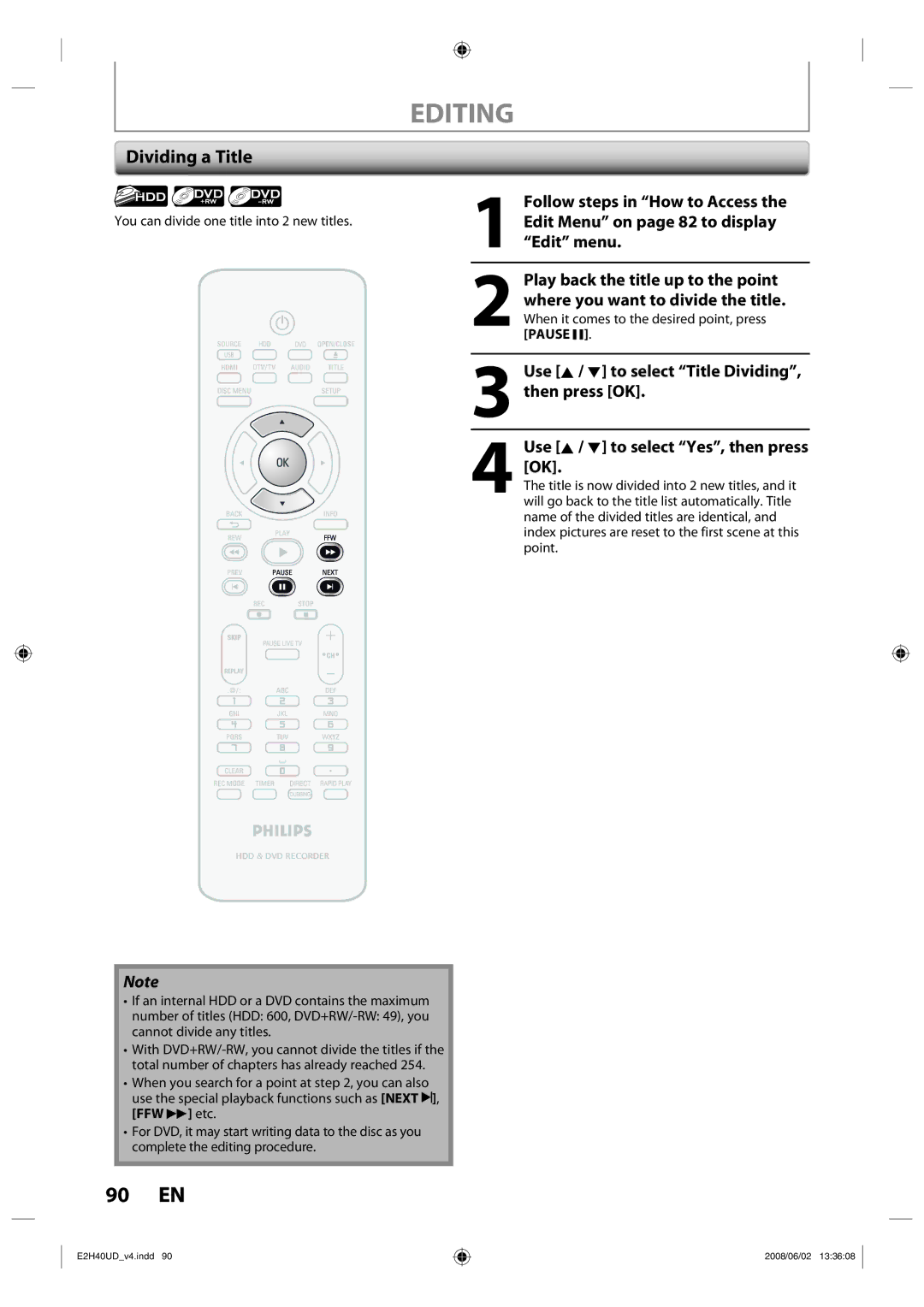 Philips DVDR3575H/37 manual 90 EN, Dividing a Title, Edit Menu on page 82 to display, Play back the title up to the point 