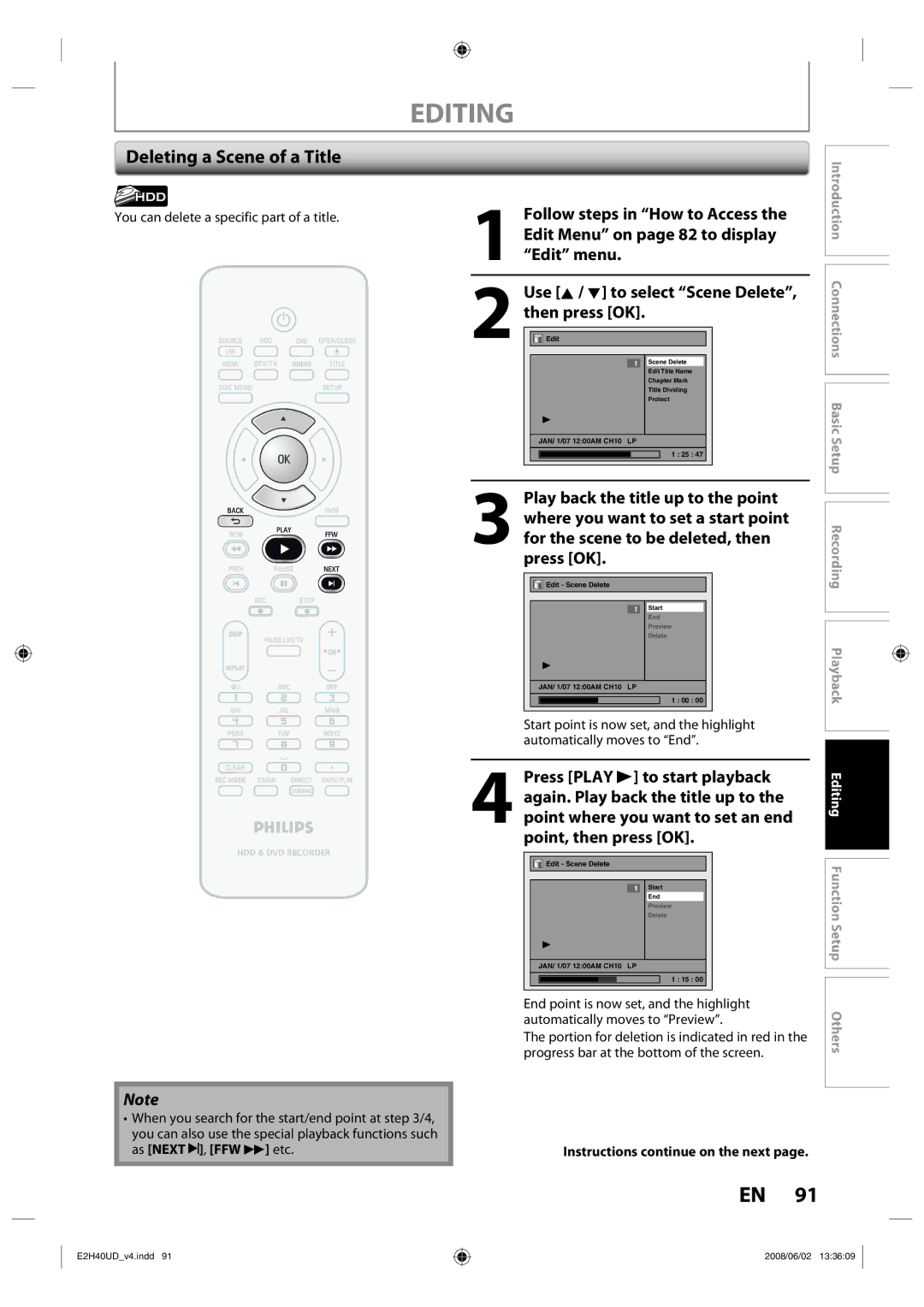 Philips DVDR3575H/37 manual Deleting a Scene of a Title, You can delete a specific part of a title 