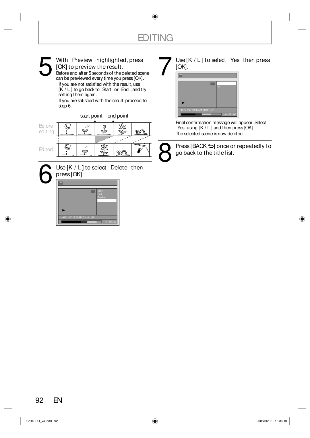 Philips DVDR3575H/37 manual 92 EN, OK to preview the result, Use K / L to select Delete then press OK 