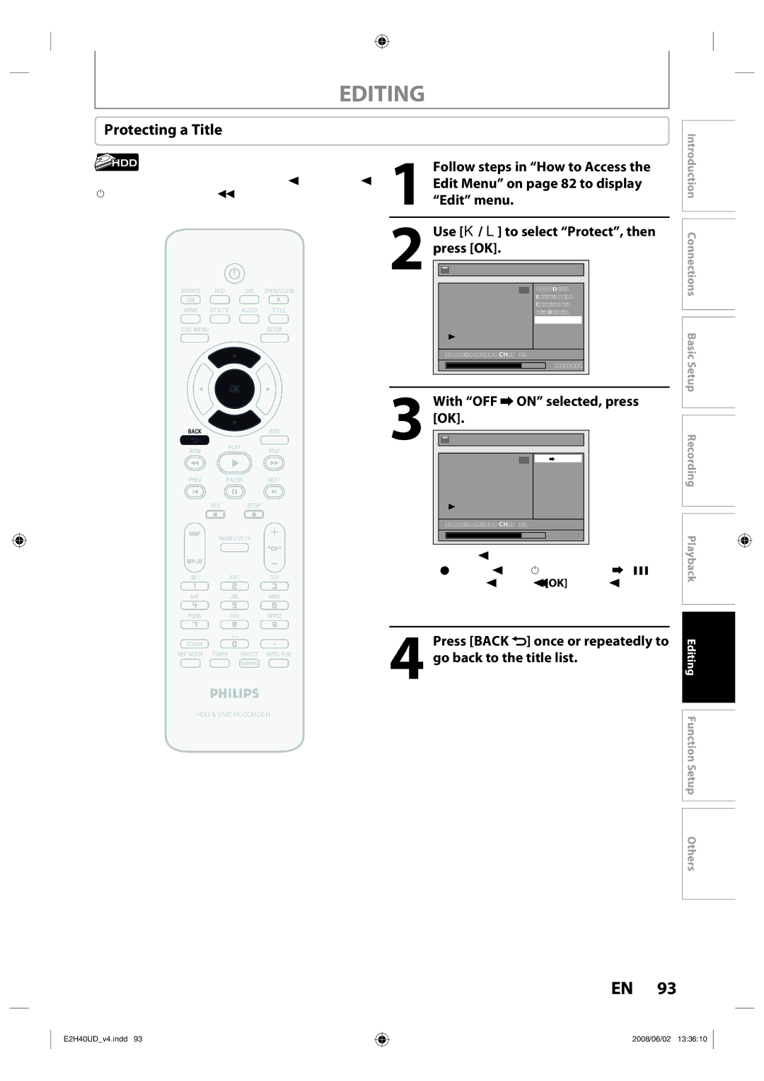 Philips DVDR3575H/37 manual Protecting a Title, With OFF On selected, press, Use K / L to select Protect, then 