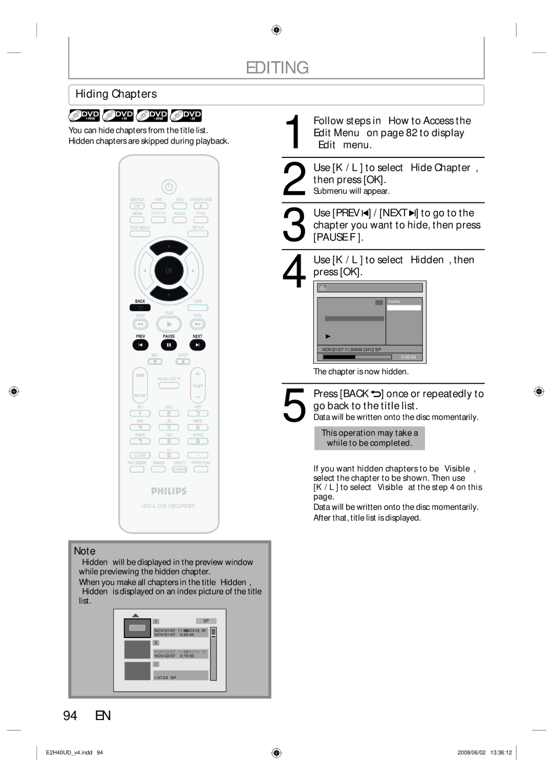 Philips DVDR3575H/37 manual 94 EN, Hiding Chapters, Chapter is now hidden, Data will be written onto the disc momentarily 