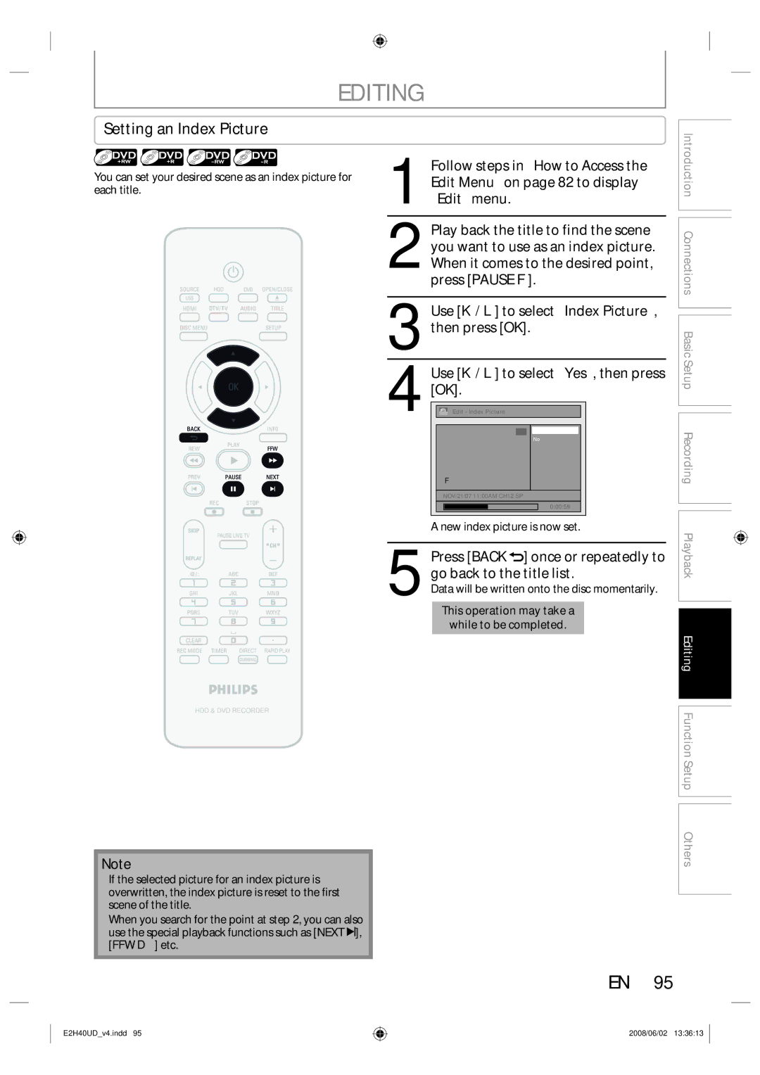 Philips DVDR3575H/37 manual Setting an Index Picture, New index picture is now set, Editing 