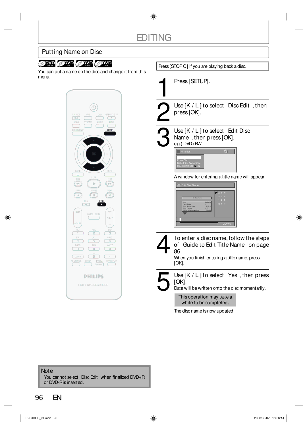 Philips DVDR3575H/37 manual 96 EN, Putting Name on Disc, Name, then press OK. e.g. DVD+RW 