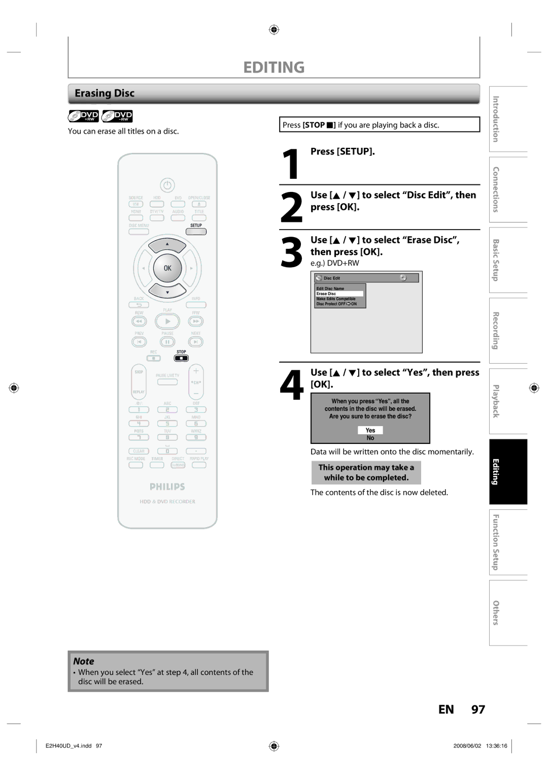 Philips DVDR3575H/37 manual Erasing Disc, Contents of the disc is now deleted 