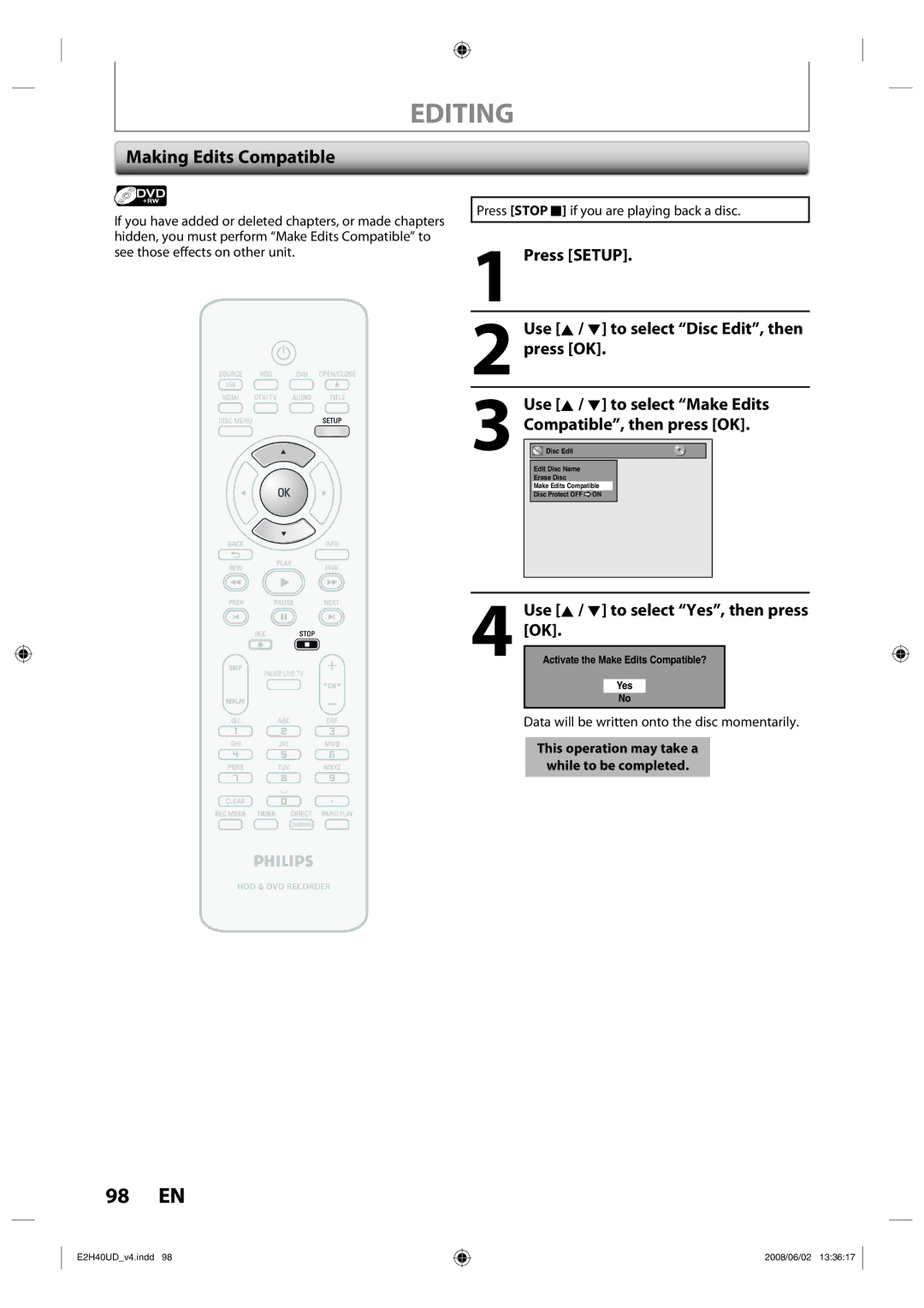 Philips DVDR3575H/37 manual 98 EN, Making Edits Compatible 