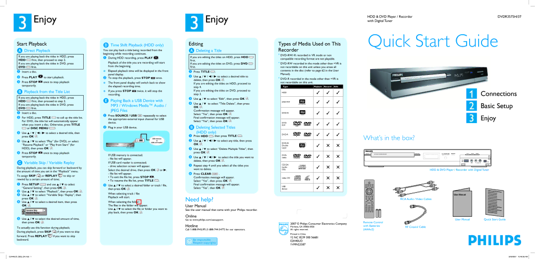 Philips DVDR3575H/37 quick start Start Playback, Editing, Types of Media Used on This, Recorder 