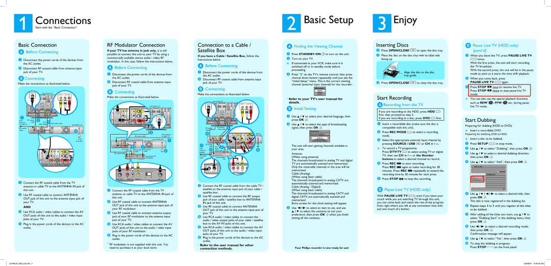 Philips DVDR3575H/37 Basic Connection, RF Modulator Connection, Connection to a Cable / Satellite Box, Inserting Discs 