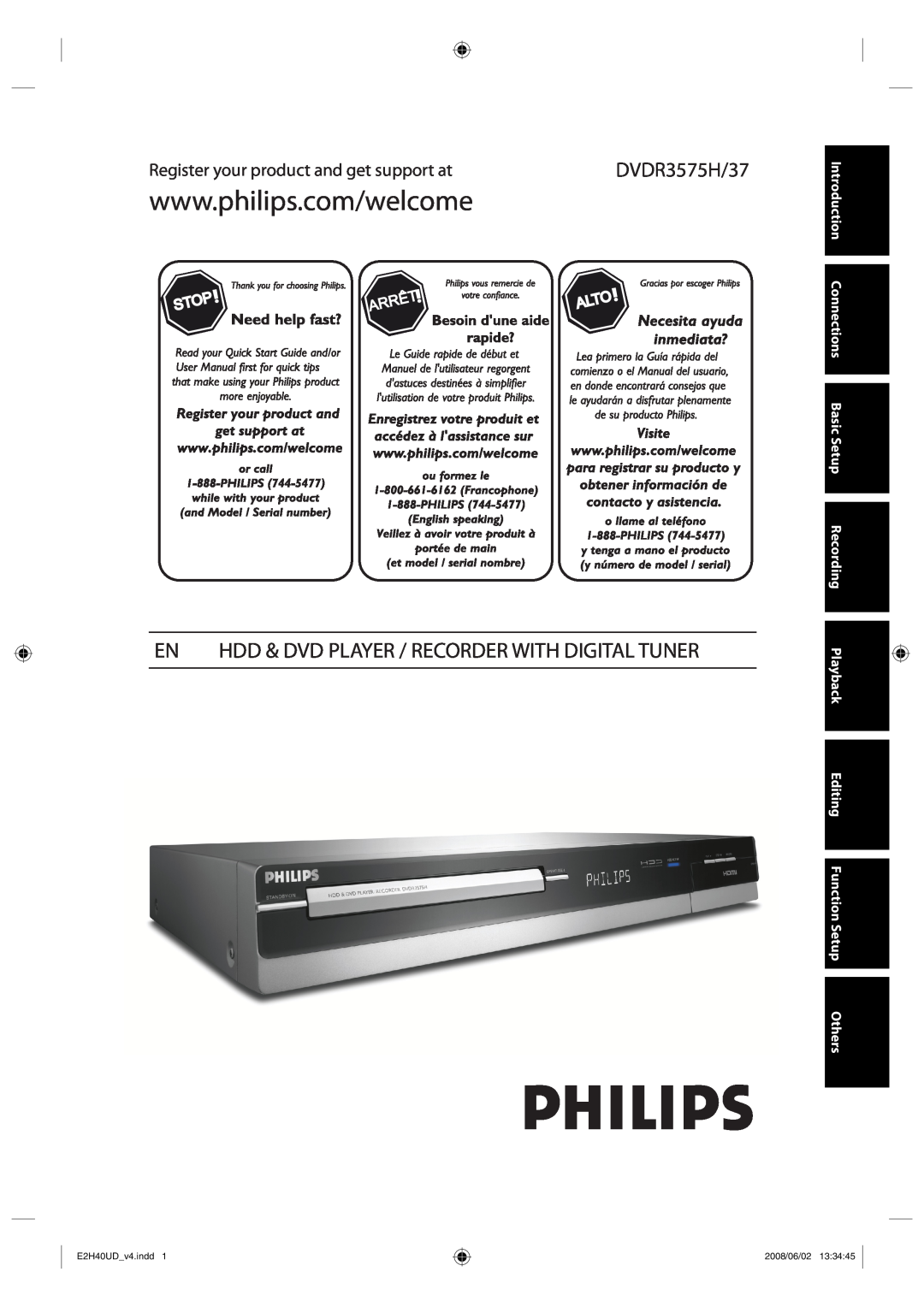 Philips DVDR3575H/37 manual En Hdd & Dvd Player / Recorder With Digital Tuner, Register your product and get support at 