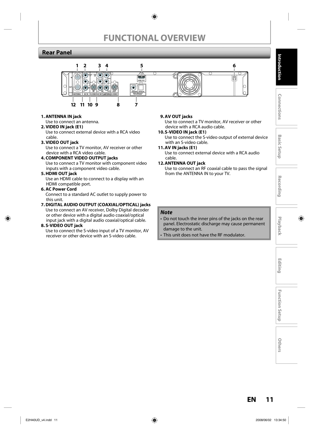 Philips DVDR3575H/37 Functional Overview, Rear Panel, 11 10, Introduction, ANTENNA IN jack, VIDEO IN jack E1, AV OUT jacks 