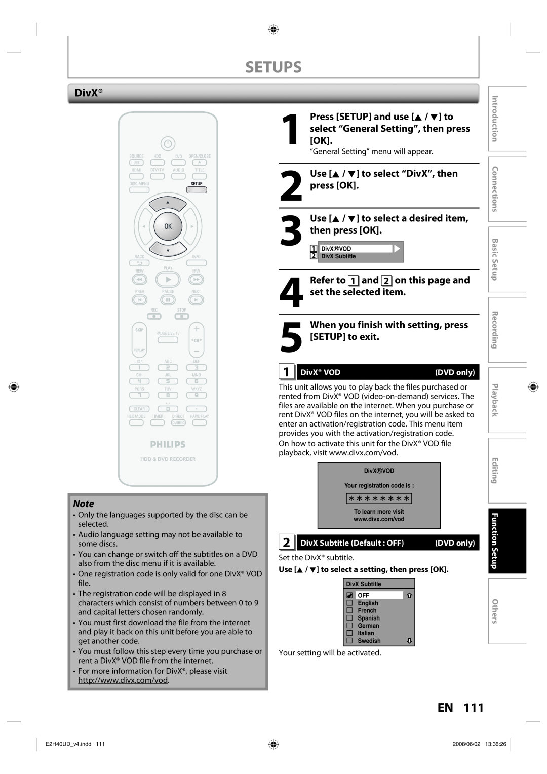 Philips DVDR3575H/37 Use K / L to select “DivX”, then, press OK, Use K / L to select a desired item, on this page and 