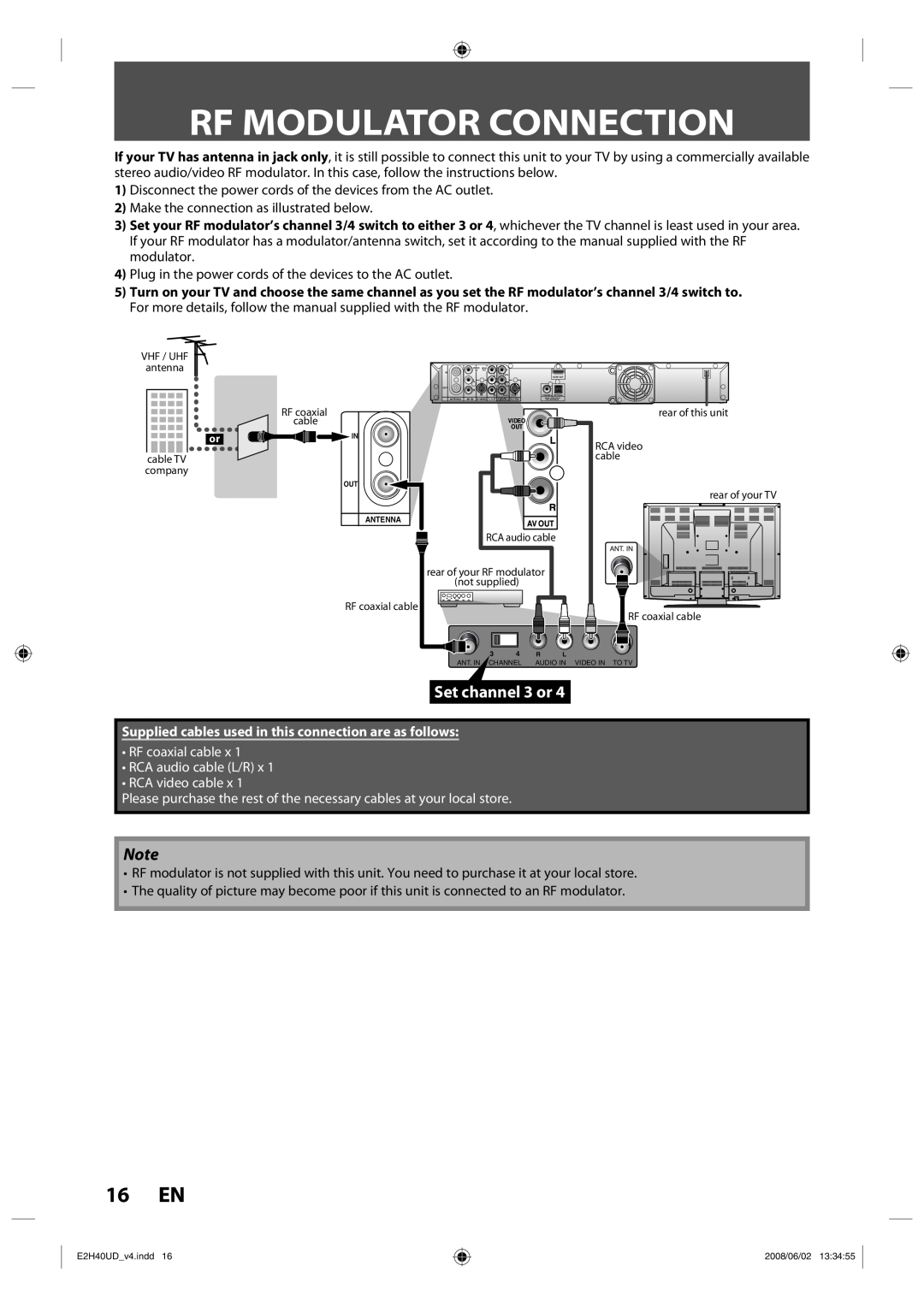Philips DVDR3575H/37 manual Rf Modulator Connection, 16 EN, Set channel 3 or 