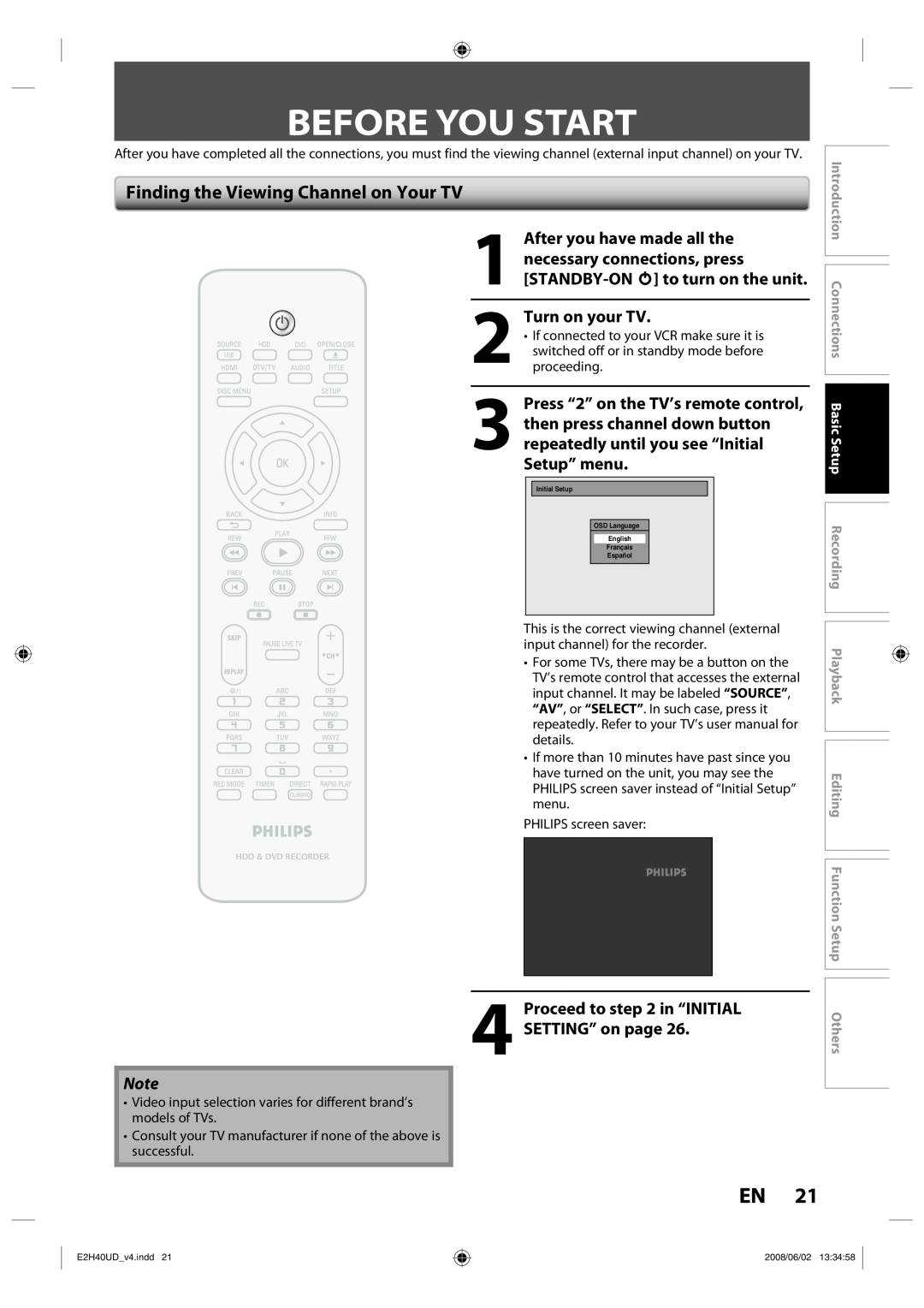 Philips DVDR3575H/37 manual Before You Start, Finding the Viewing Channel on Your TV, Turn on your TV, Others 