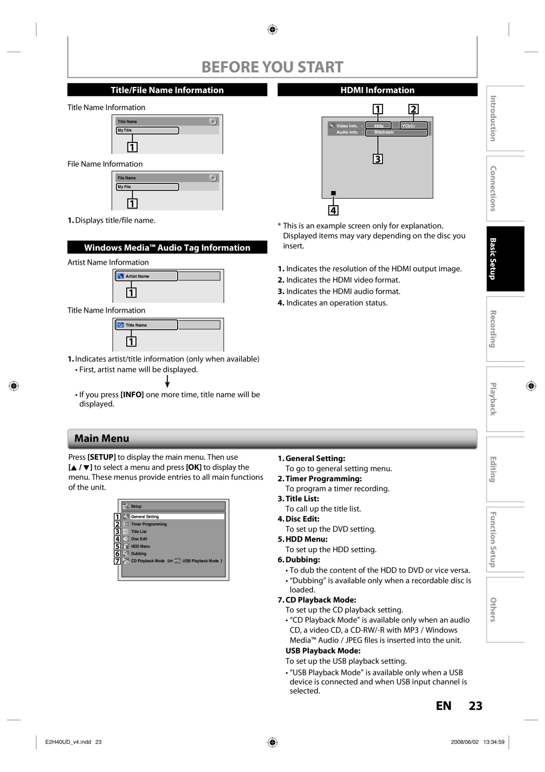 Philips DVDR3575H/37 manual Main Menu, Title/File Name Information, Windows Media Audio Tag Information, HDMI Information 