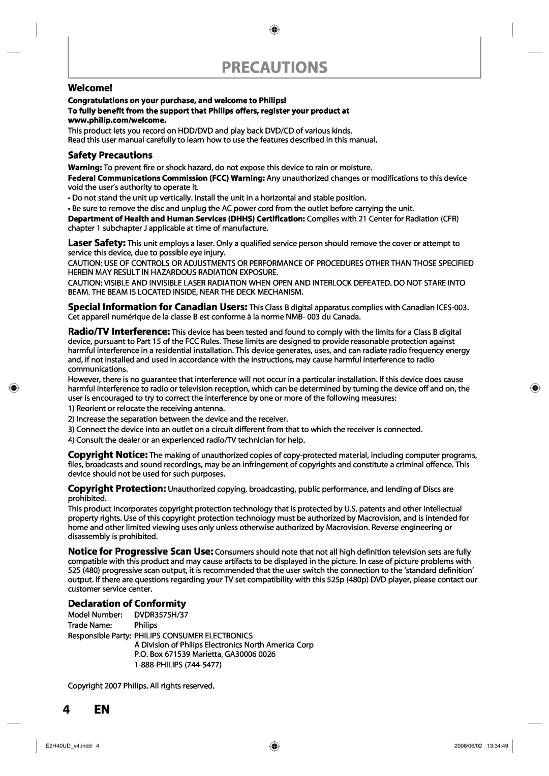 Philips DVDR3575H/37 manual 4 EN, Welcome, Safety Precautions, Declaration of Conformity 